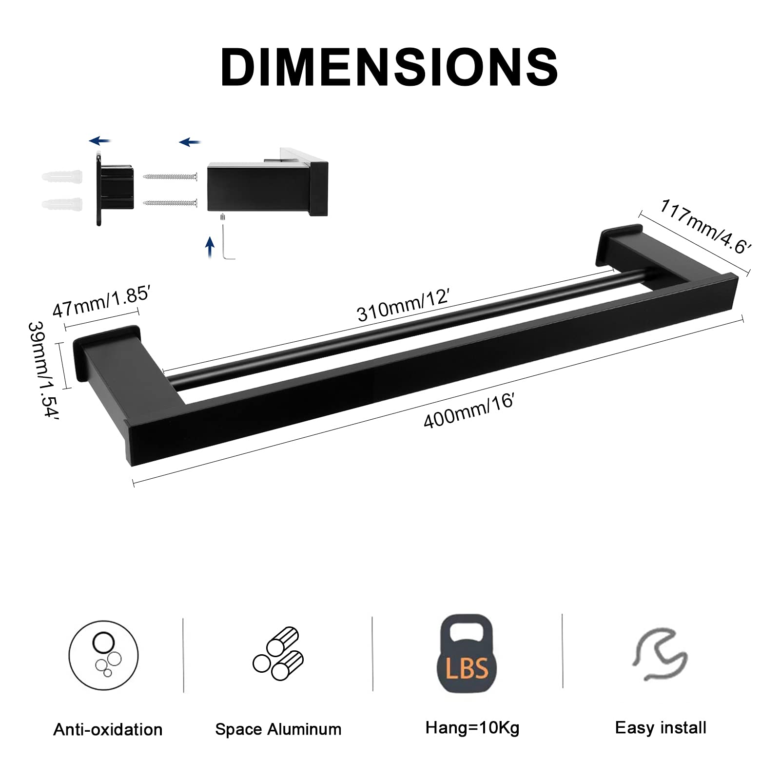 NearMoon 16 Inch Matte Black Double Bath Towel Bar - Premium Thickened Space Aluminum Square Shower Towel Rack for Bathroom & Kitchen - Wall Mounted Towel Holder (Perfect for Small Spaces, Modern Homes & Spa-Style Bathrooms)