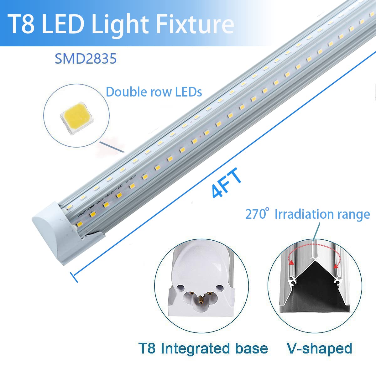 6 Pack 4FT 40W LED Shop Lights - V Shape Integrated T8 LED Tube Lights, 4400LM Super Bright White 6000K, Linkable High Output Garage Lighting with Plug - Perfect for Workshop, Basement, Warehouse & Commercial Spaces