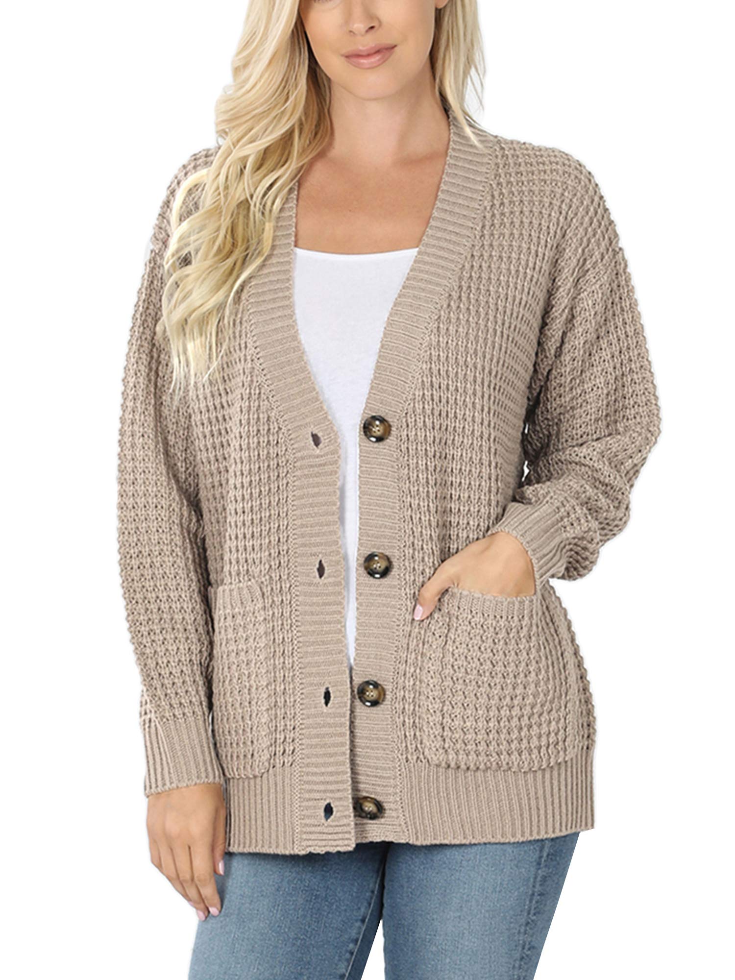 KOGMO Women's Waffle Knit Button Front Cardigan with Pockets - Cozy Fall Winter Sweater for Casual Outfits & Office Wear