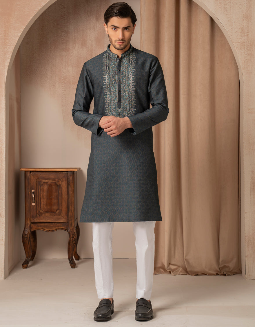 Blended Teal Blue Special Kurta by J. Junaid Jamshed | Stylish Pakistani Traditional Dress for Men | Perfect for Eid, Weddings & Special Occasions