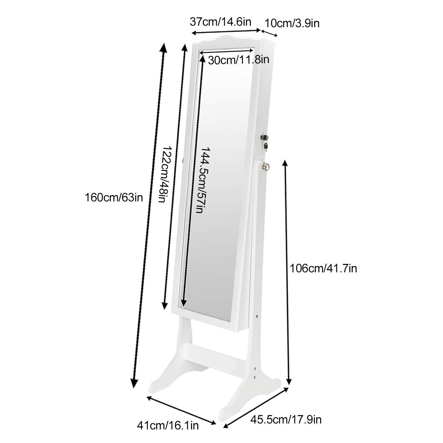 White Floor Length Jewelry Cabinet with Mirror - Home Office Storage Organizer for Jewelry, Accessories & Decor | Dressing Room, Bedroom & Closet Organization