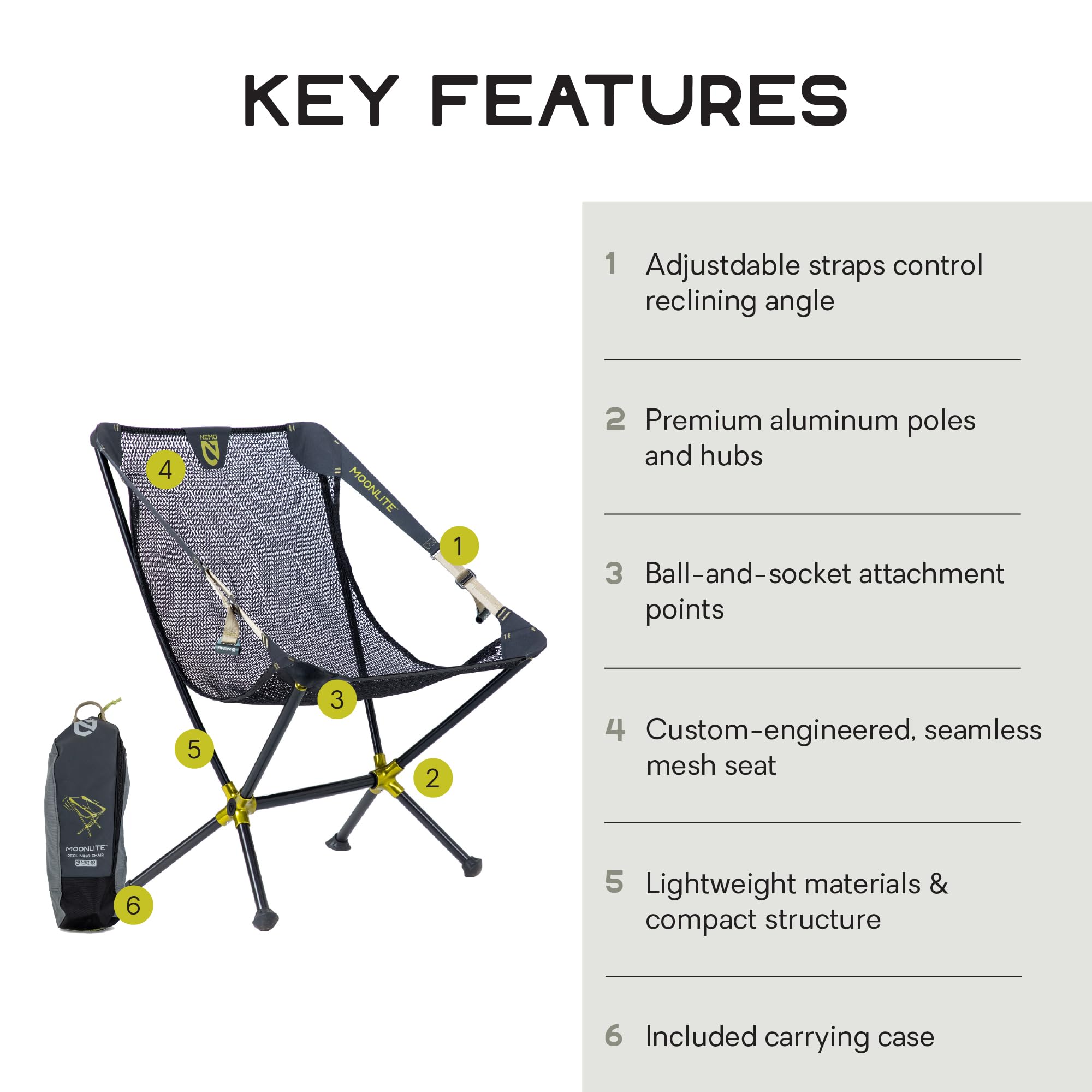 NEMO Equipment Moonlite Reclining Camp Chair - Lightweight Portable Folding Chair for Outdoor Camping, Hiking, Beach & Backyard Relaxation - One Size - Black Pearl