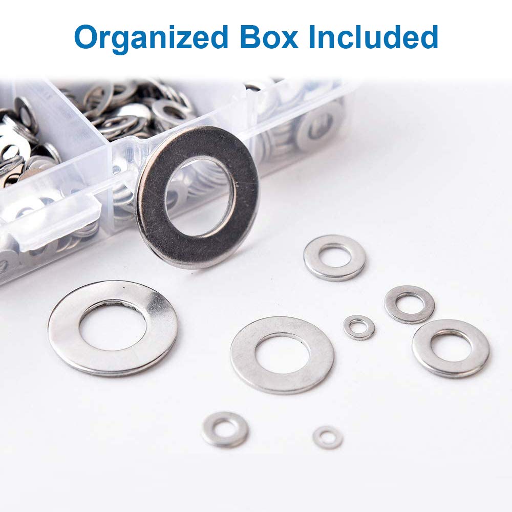 360pcs Stainless Steel Flat Washer Spacers Assortment Kit - M2 M2.5 M3 M4 M5 M6 M8 M10 Size 8 Screw Fixing Bolts & Fastener Tools for DIY, Furniture Assembly, Automotive Repair and Machinery Maintenance