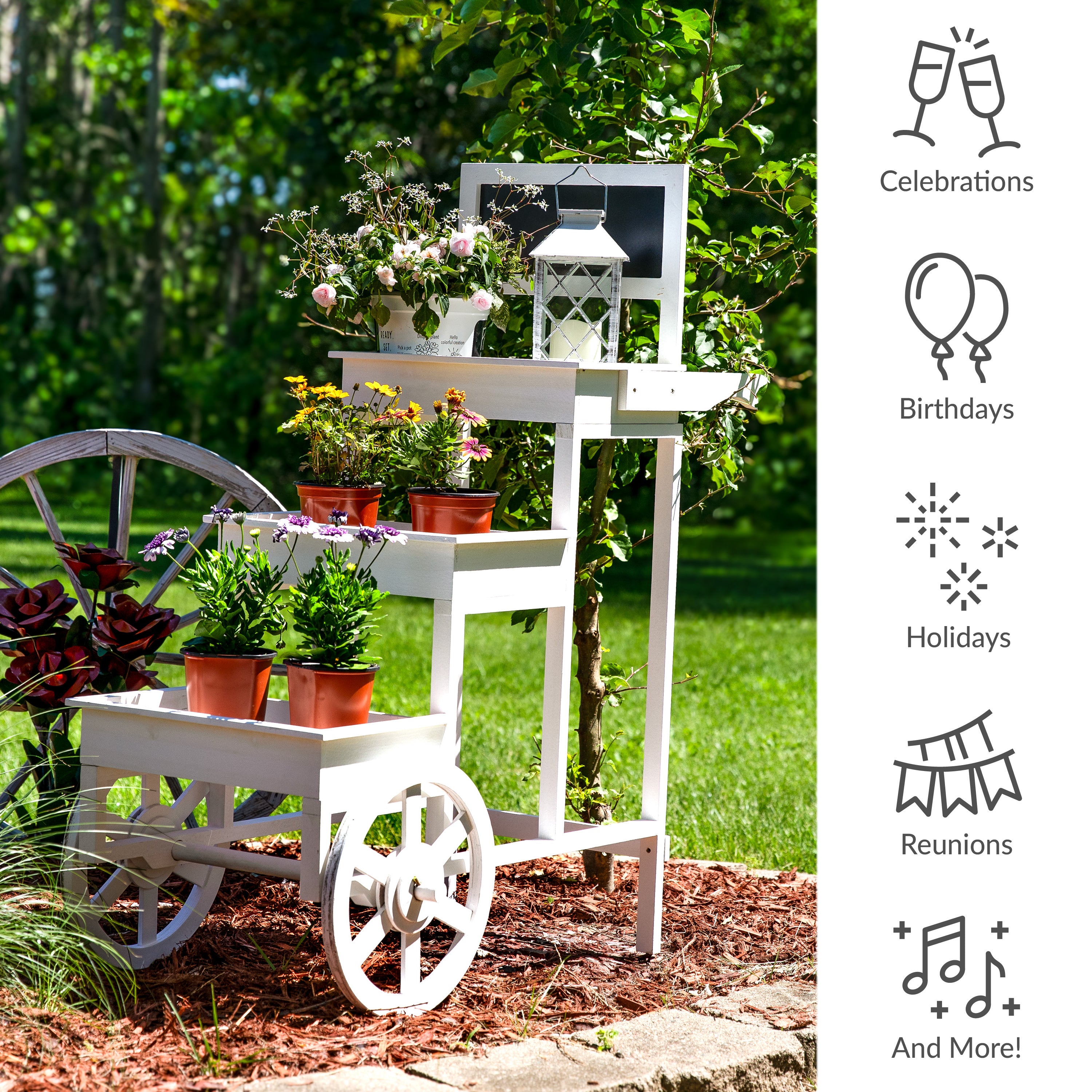 3-Tier Rolling Flower Cart Stand with Wheels - White Metal Garden Plant Display Rack for Indoor & Outdoor Decor, Patio, Balcony, and Backyard
