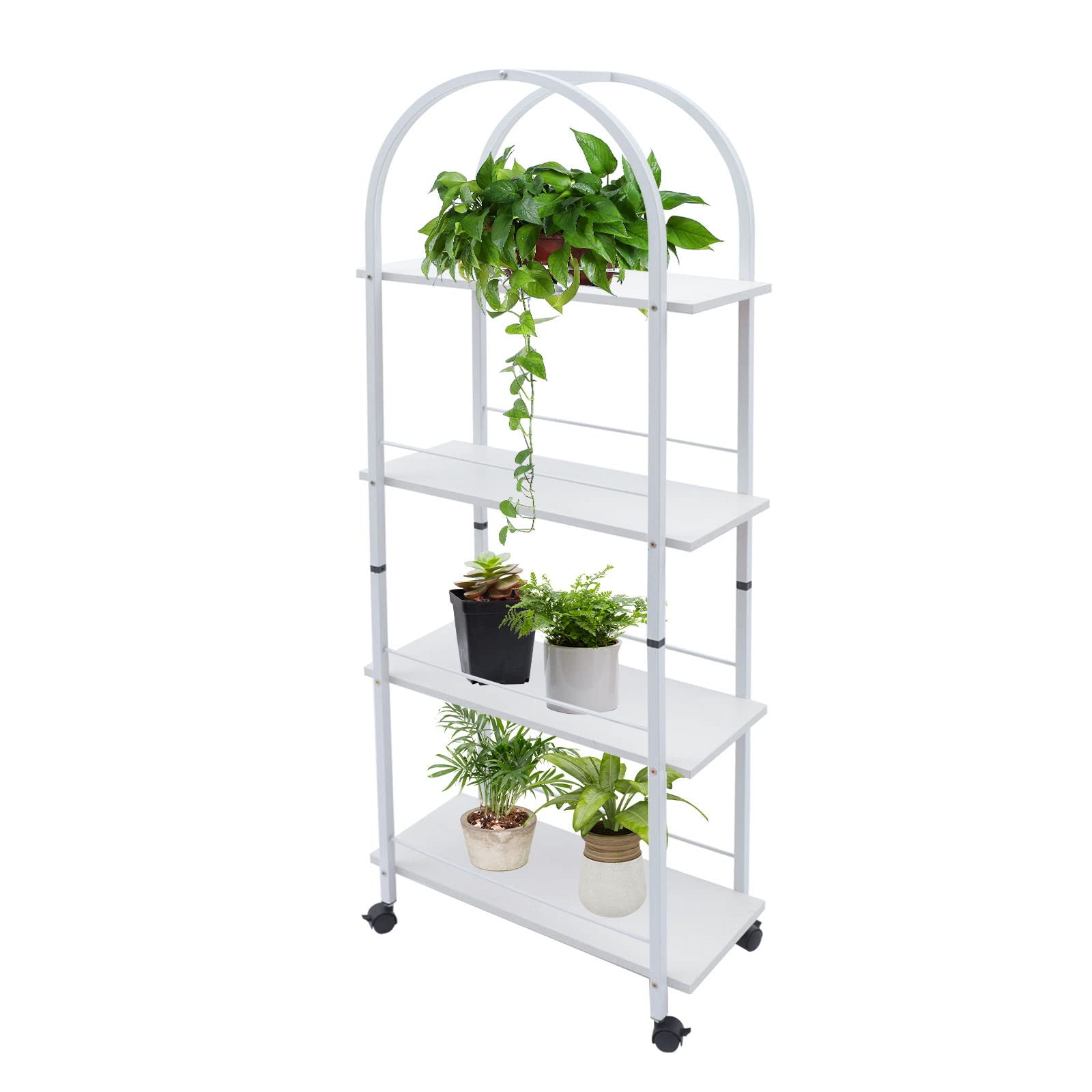 4 Tier Wrought Iron Plant Stand with Lockable Wheels - Freestanding Indoor Outdoor Flower Pot Rack for Garden, Patio, Balcony, Home & Office Decor - White - Perfect for Displaying Plants in Small Spaces