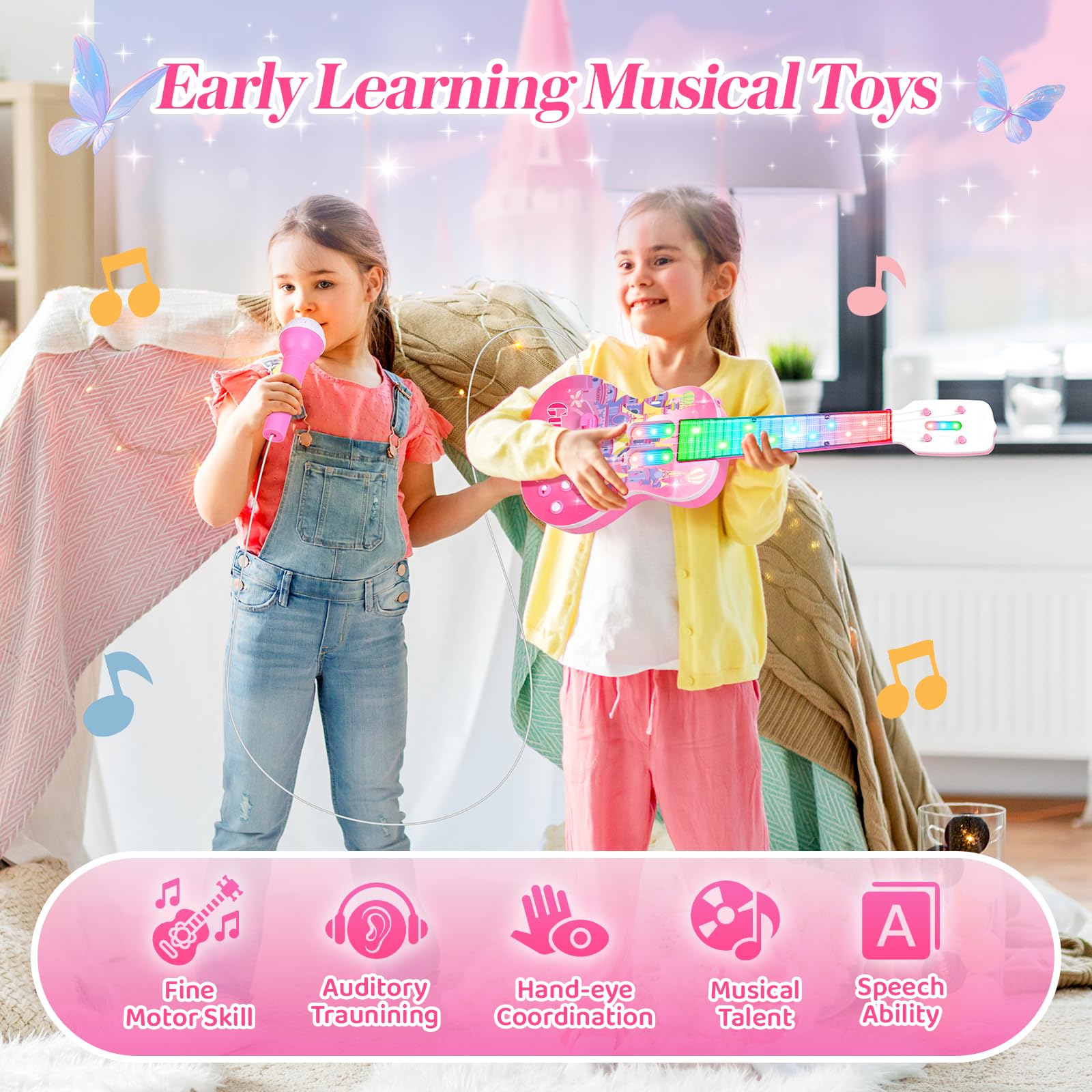 Kids Electric Guitar and Microphone Playset - 4-String Musical Toy Guitar with Adjustable Stand, LED Music Lights & Karaoke Function - Perfect Birthday Gift for Boys & Girls | Home Music Party, Stage Performance & Early Childhood Education