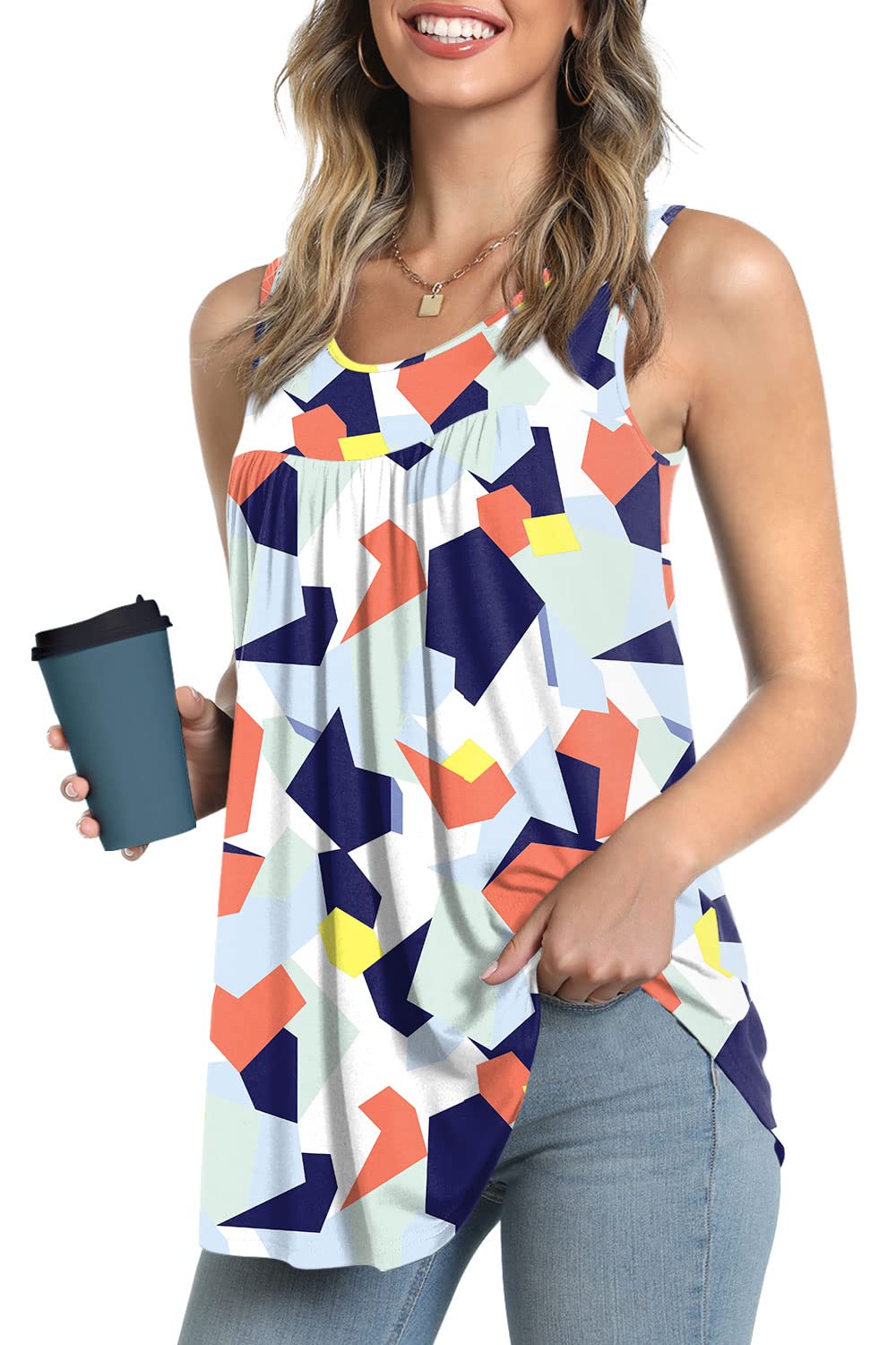 LONGYUAN Women's Summer Casual Sleeveless Camisole Tank Top - Loose Fit Cute Pleated Tunic Blouse for Beach, Vacation & Everyday Wear