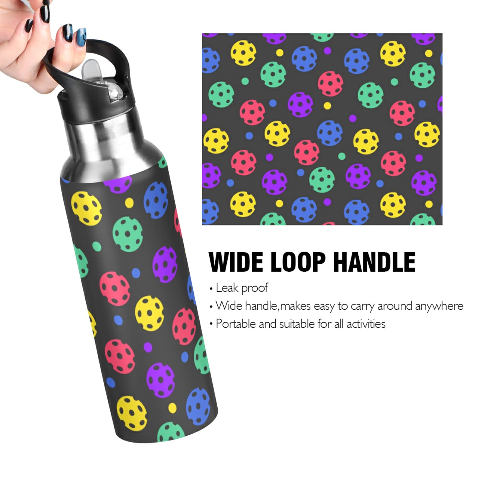 **Insulated Stainle Steel Water Bottle 20 oz - Double Wall Vacuum, Straw Lid, Leakproof - Perfect for Pickleball, Gym, Hiking & Outdoor Sports**
