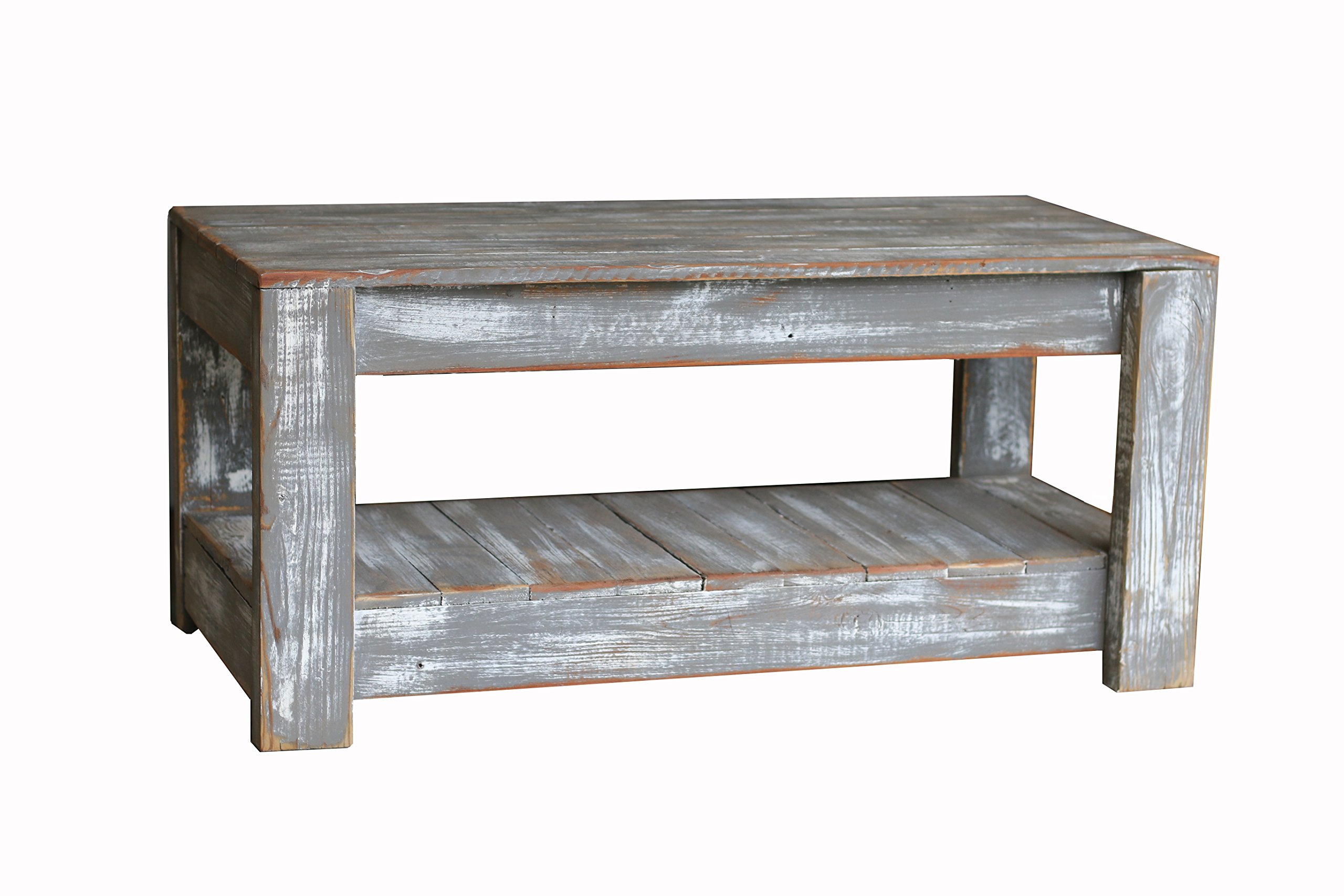 Rustic Weathered Grey Coffee Table with Lower Shelf - Farmhouse Style Living Room Furniture for Home Decor & Small Space Saving Design