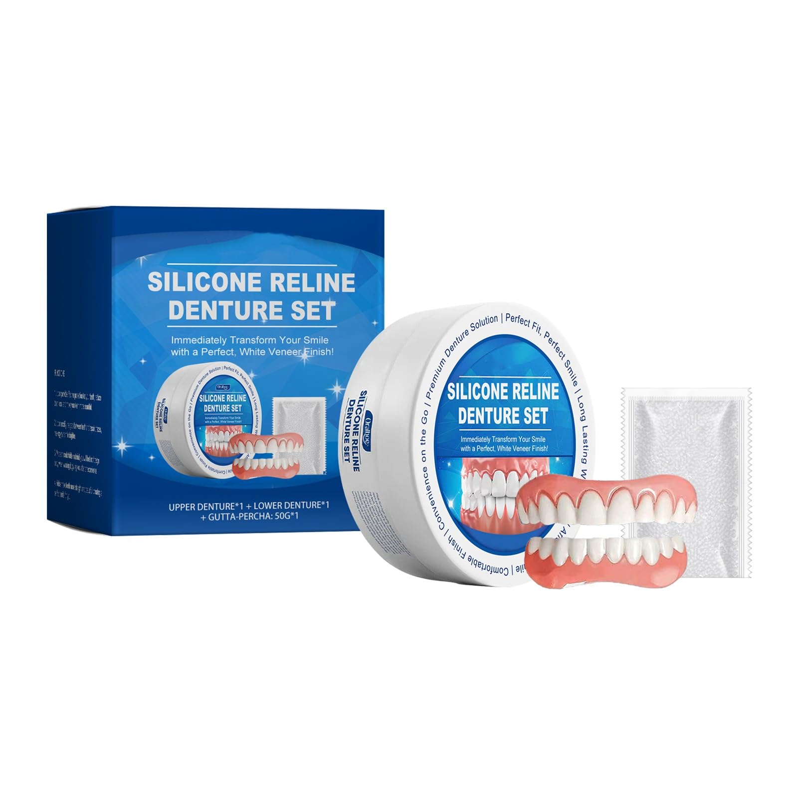 Premium Silicone Reline Denture Set - Upper & Lower Dentures with Gutta-Percha - Complete Teeth Veneer Kit for Denture Repair & Comfort Enhancement - Perfect for Home Dental Care & Emergency Denture Adjustments