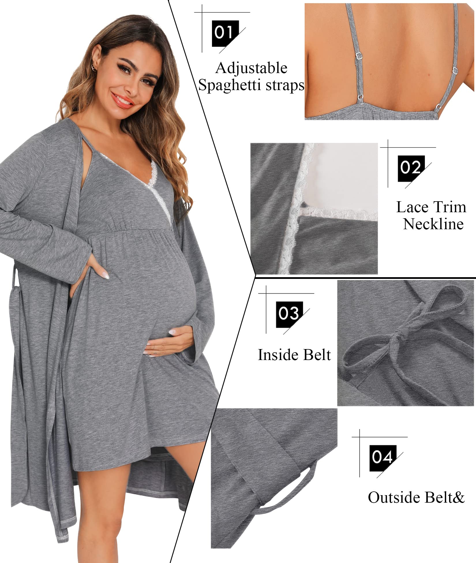 SWOMOG Women's 2-Piece Maternity Robe & Nursing Nightgown - 3-in-1 Breastfeeding Dress with Lace Trim for Labor, Delivery & Postpartum - Soft Nursing Pajama Set for Hospital, Home & Nursing Comfort