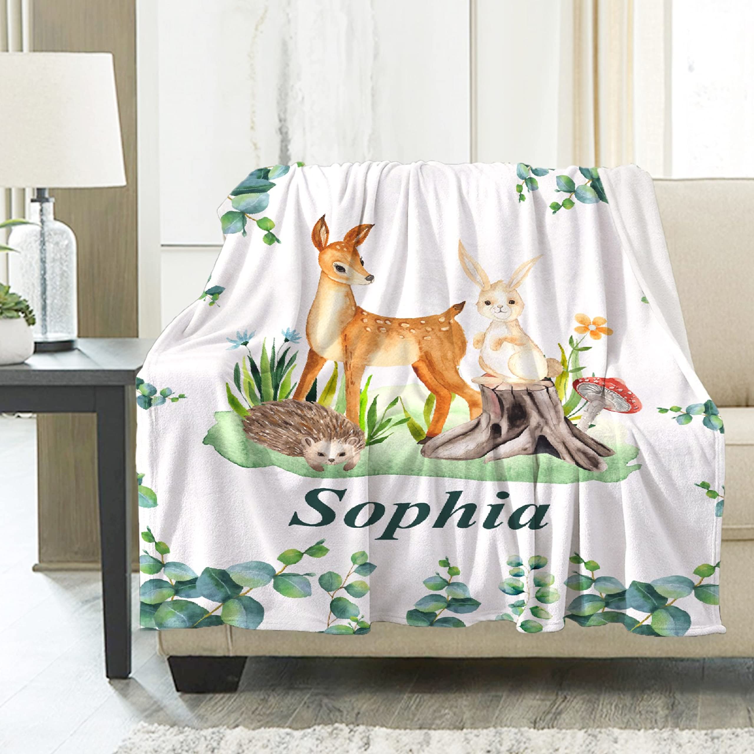 Personalized Baby Blanket with Name - Custom Deer & Flower Design for Boys & Girls | Ultra Soft Flannel Fleece Blanket (90