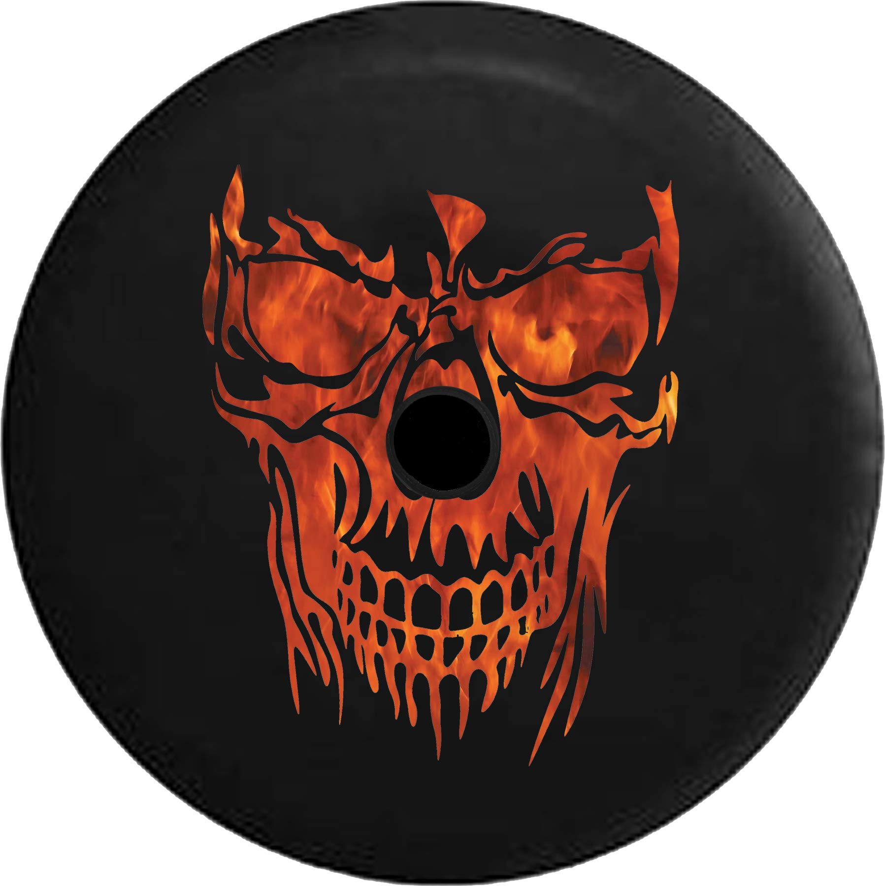 American Unlimited JL Spare Tire Cover - Hell and Back Flaming Skull Design with Real Fire Effect | Black 33-Inch Spare Tire Cover with Backup Camera Hole | Durable Off-Road Accessory for Jeep Wrangler JL & Outdoor Adventures