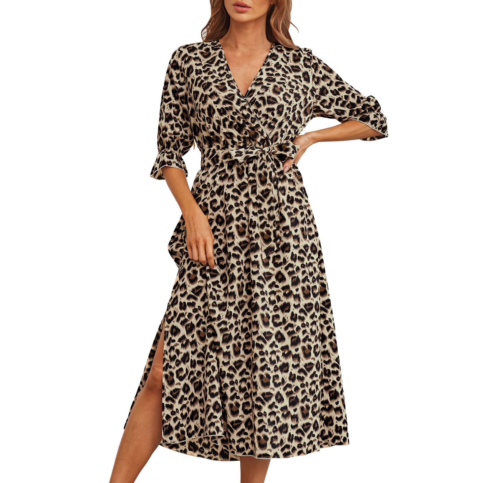 Women's Leopard Print Midi Dress with Long Sleeves, High Waist, Button Front & Drawstring Belt - A-Line Flattering Fit for Casual, Office or Date Night Outfits