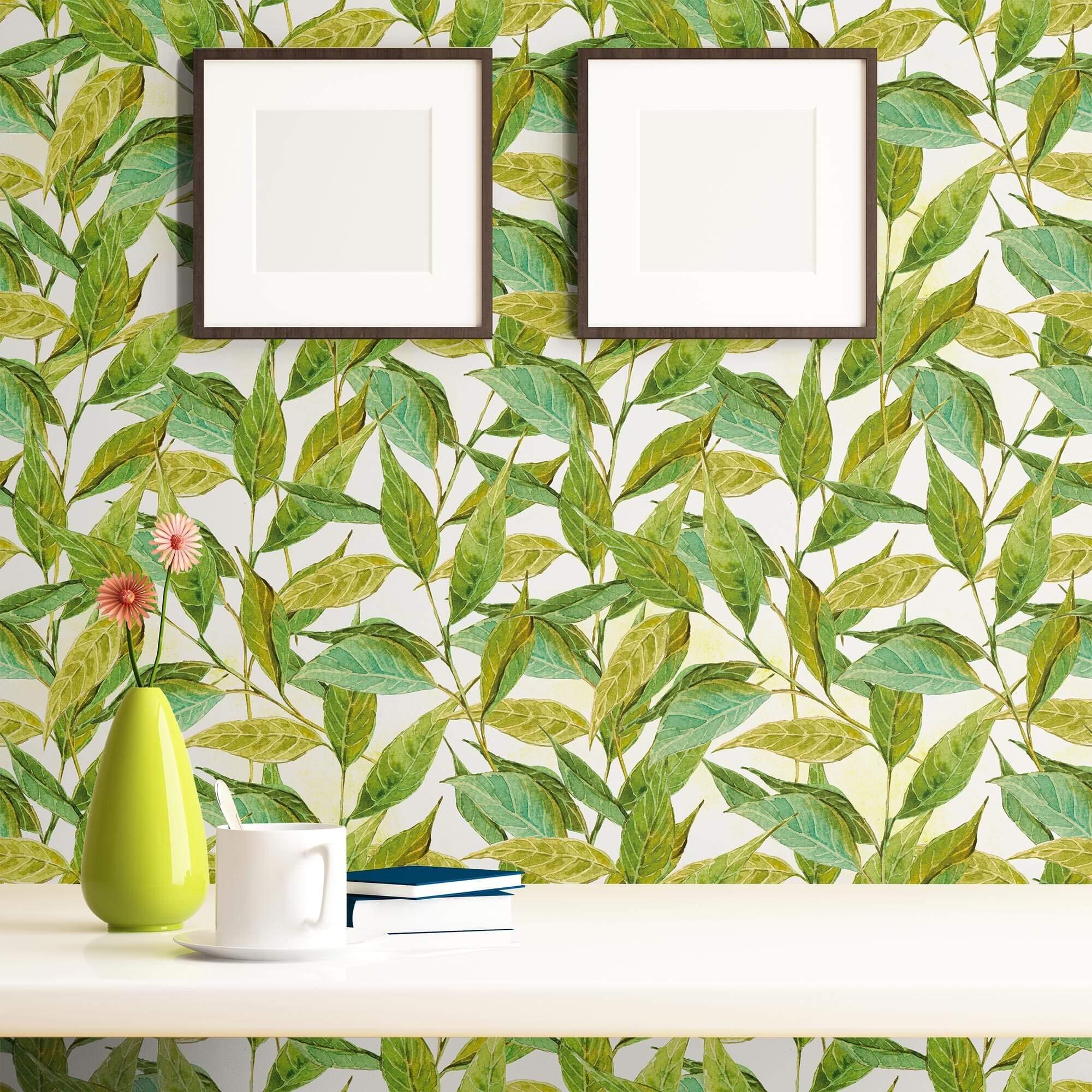 Green and Beige Leaf Floral Peel and Stick Removable Wallpaper - Self-Adhesive Decorative Wall Covering for Bedroom, Living Room, Nursery & Home Decor