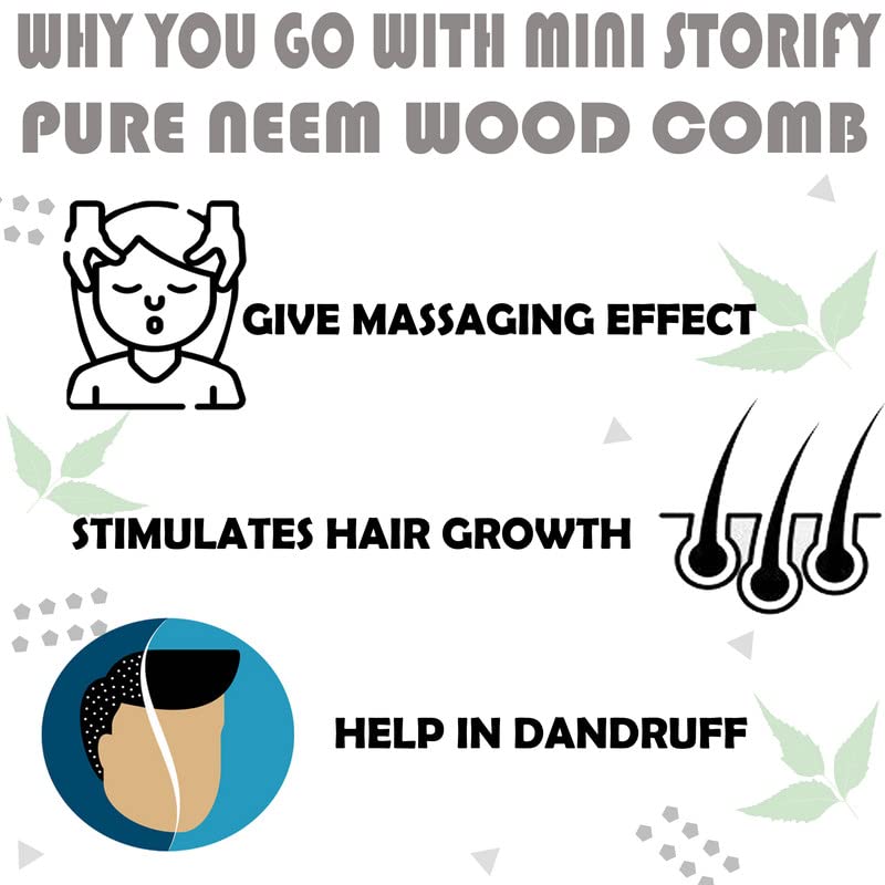 Mini Storify – Natural Kacchi Neem Wood Comb for Hair Growth & Scalp Care - Pack of 2 Handmade Wooden Combs for Women & Men - Anti-Dandruff & Hair Fall Control - Pocket & Handle Comb for Daily Hair Care, Travel & Ayurvedic Hair Treatment