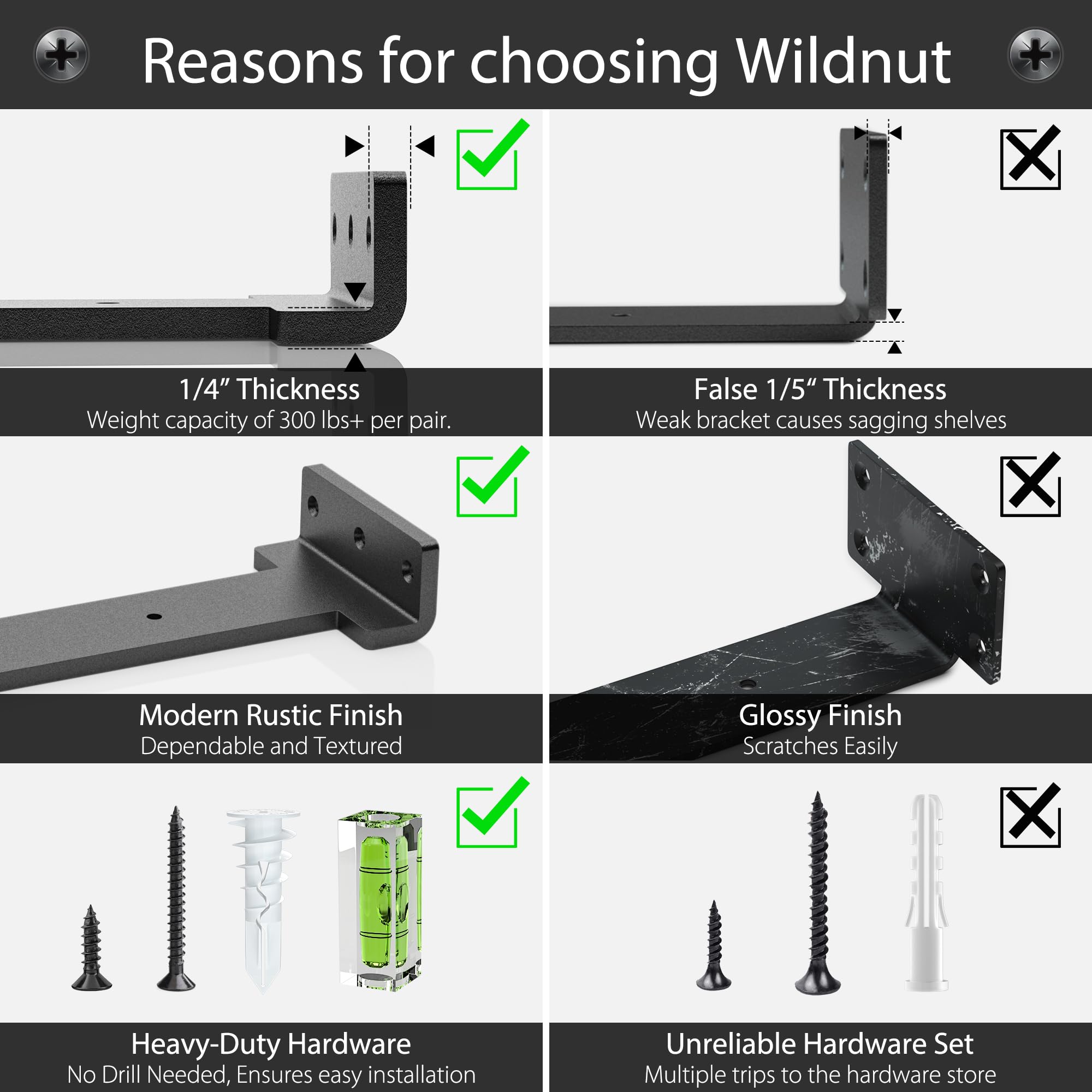 Hidden L Floating Shelf Brackets - 6 Inch, 6 Pack Heavy Duty Industrial Wall Mounted Rustic Black Shelf Brackets with Modern Iron Finish - Perfect for Home Office, Kitchen, Bathroom & Living Room Storage & Decor