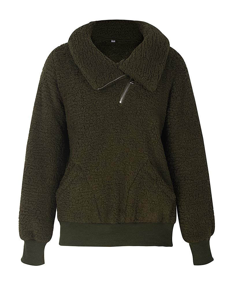 Women's Casual Turtleneck Fuzzy Fleece Sweatshirt - Long Sleeve Oblique Zipper Pullover Loose Sweater Tops Blouse with Pockets for Winter Warmth and Outdoor Activities