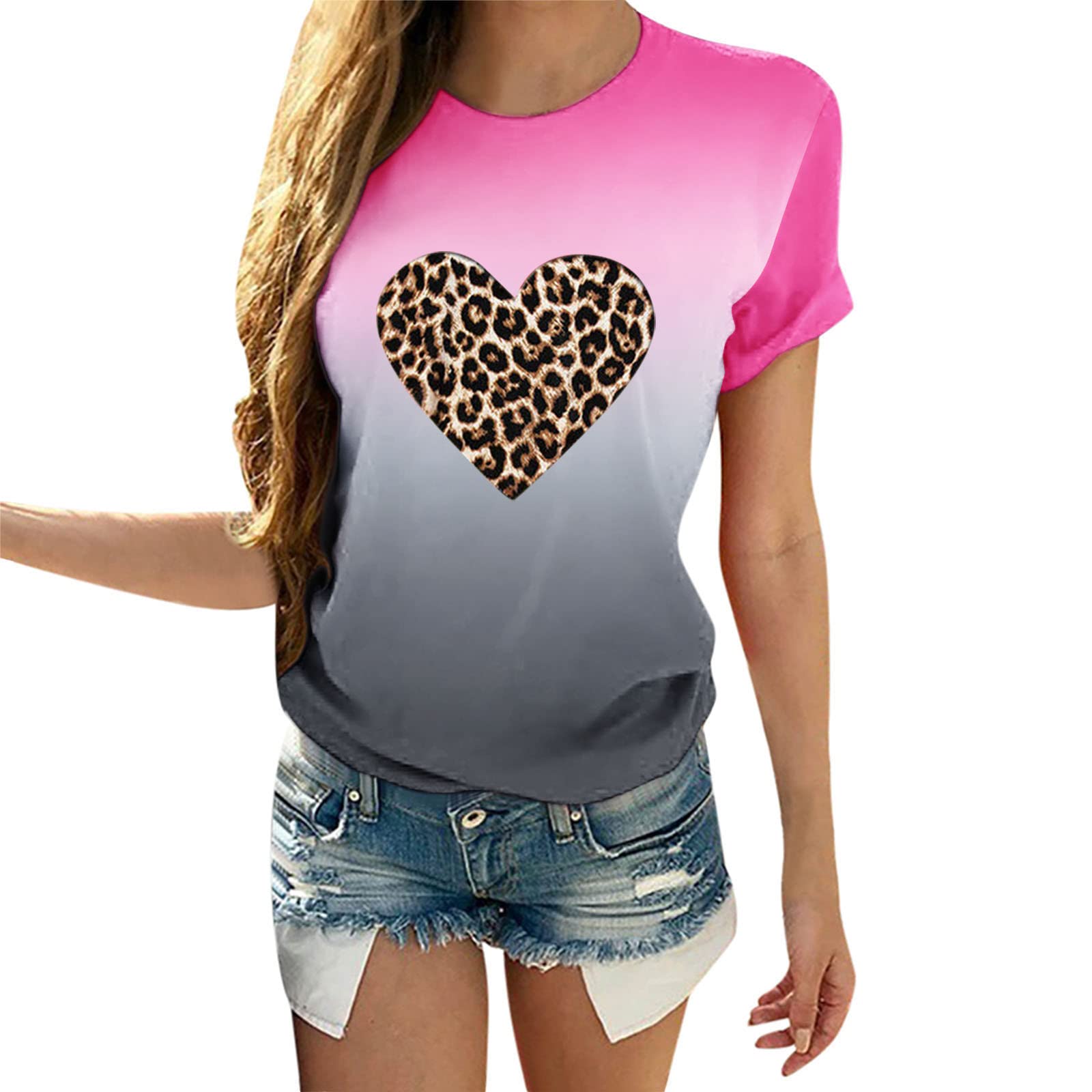 Women's Summer Short Sleeve T-Shirts - Crewneck Gradient Casual Tops, Loose Comfortable Cute Blouses for Valentine's Day | Perfect for Beach Outings, Date Nights & Summer Vacations