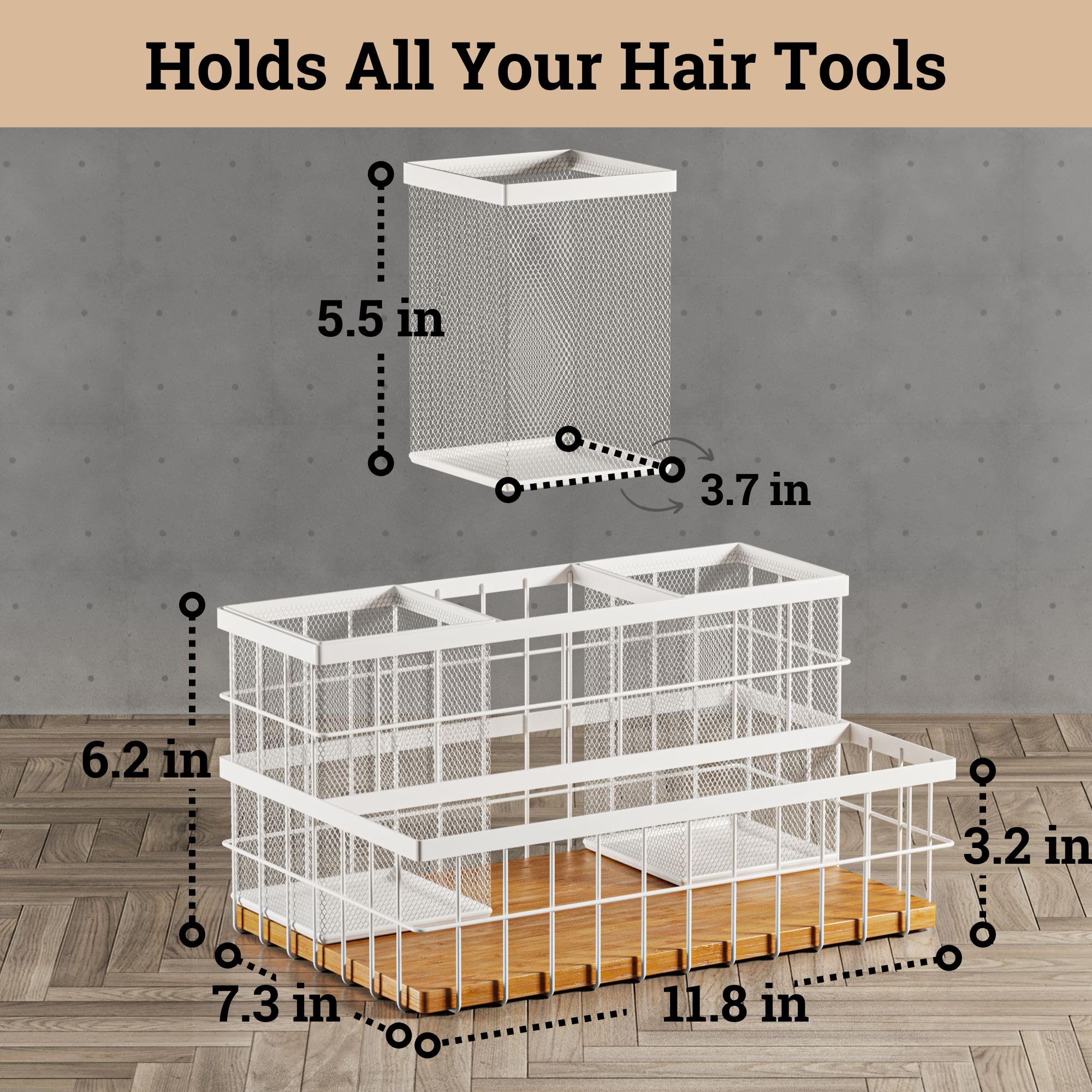 **Breathable Metal & Bamboo Hot Hair Tools Organizer - Countertop & Under Sink Vanity Storage for Hair Dryers, Curling Irons & Styling Tools - Perfect for Bathroom, Salon & Home Use**