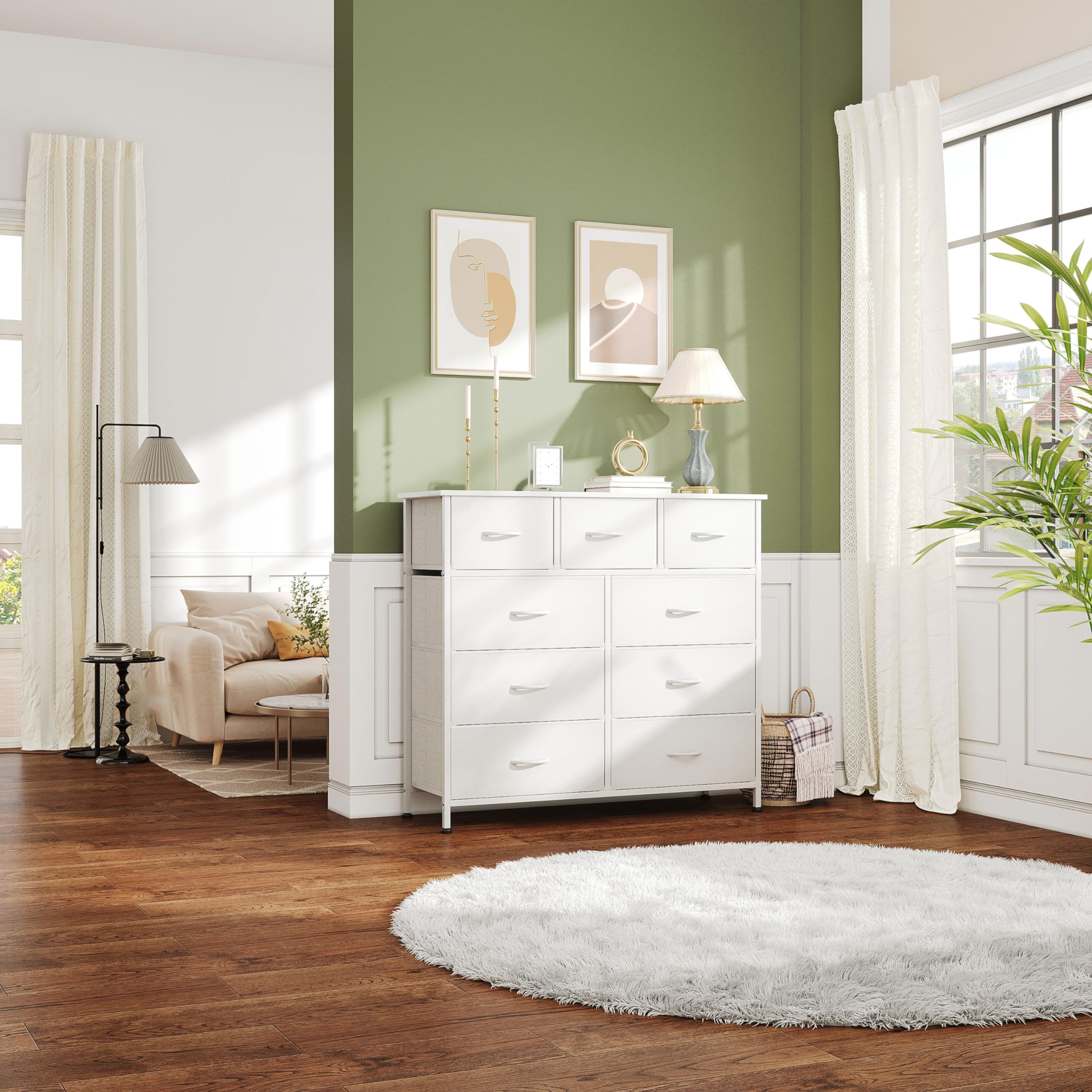 9-Drawer White Wooden Dresser for Bedroom - Tall Chest of Drawers with Wooden Top for Living Room, Closet & Entryway Storage | Perfect for Bedroom Organization & TV Stand Storage