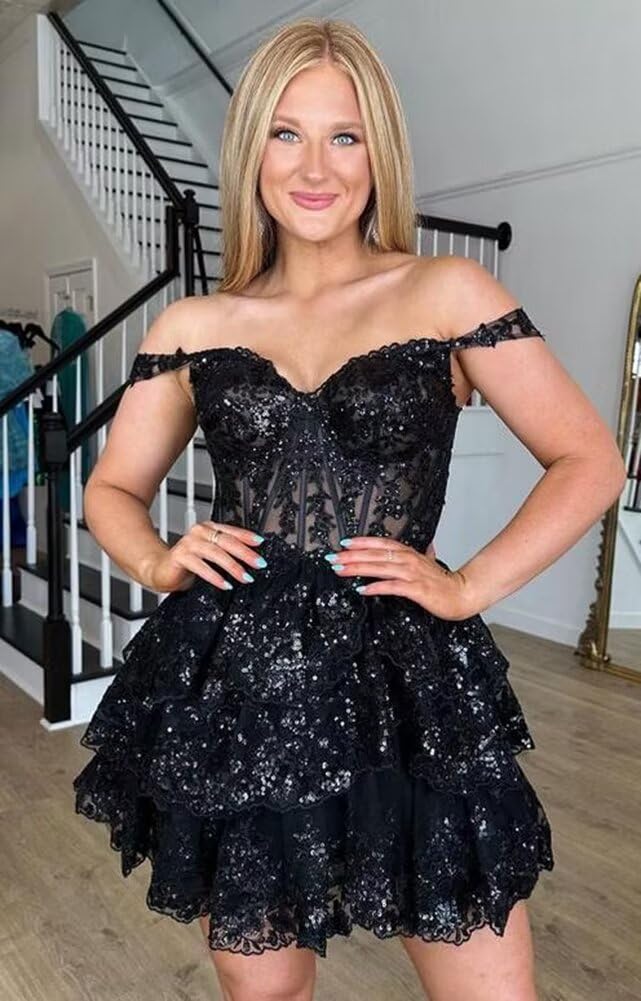 Sparkly Sequin Off Shoulder Short Prom Dress 2024 for Teens - Navy Blue Tiered Lace Cocktail Party Gown - Homecoming Dance, Sweet 16, Quinceañera & Formal Events - US Size 0