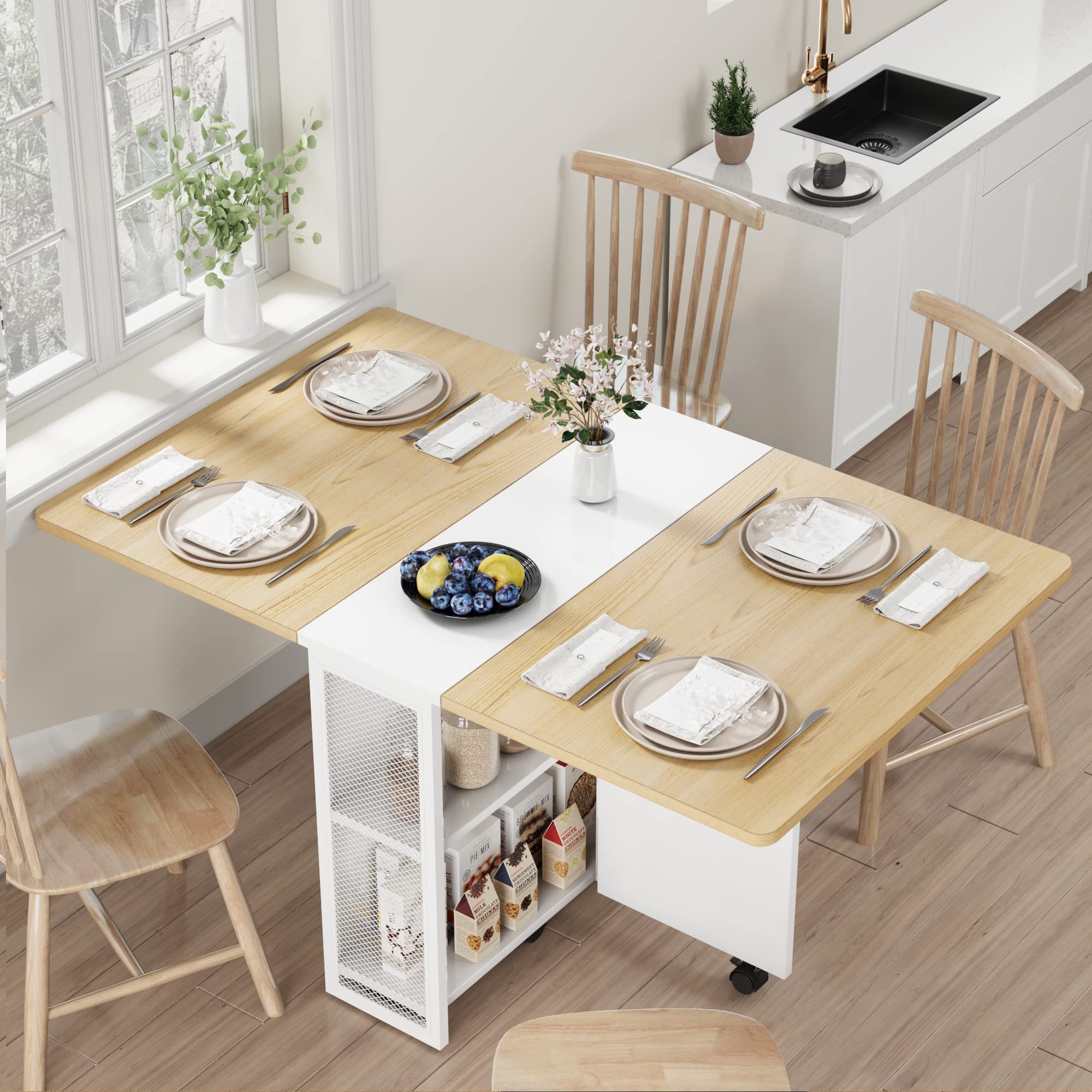 Alkmaar Folding Dining Table - Space Saving Drop Leaf Table for Small Spaces | Collapsible Kitchen, Office & Dining Room Furniture with 4 Storage Racks | Perfect for Apartments, Studios & Multi-Functional Spaces