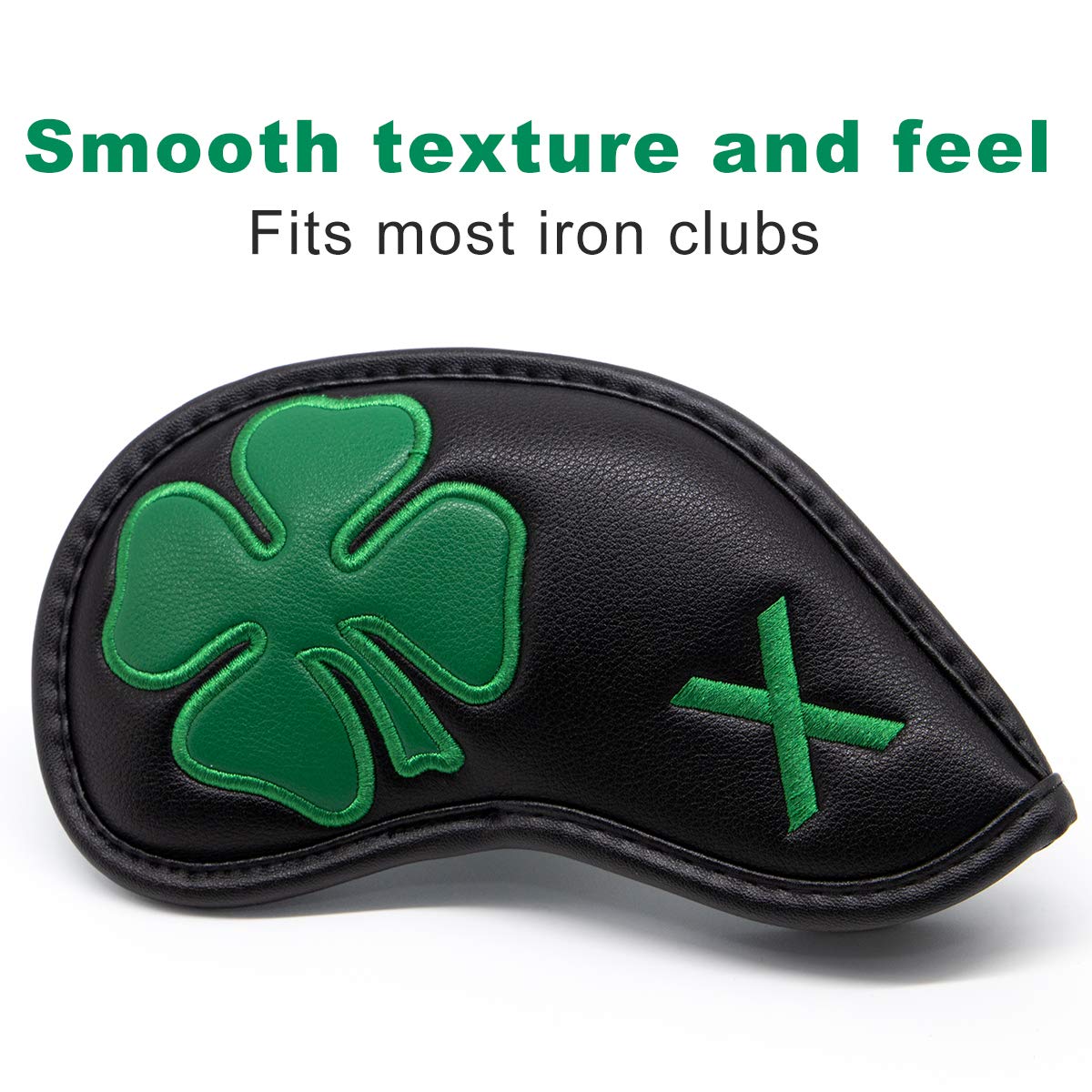 Premium Leather Golf Iron Head Covers Set of 10 - Lucky Clover Design with Magic Tape for All Brand Clubs | Protective Club Covers for Golf Bags & Travel Cases