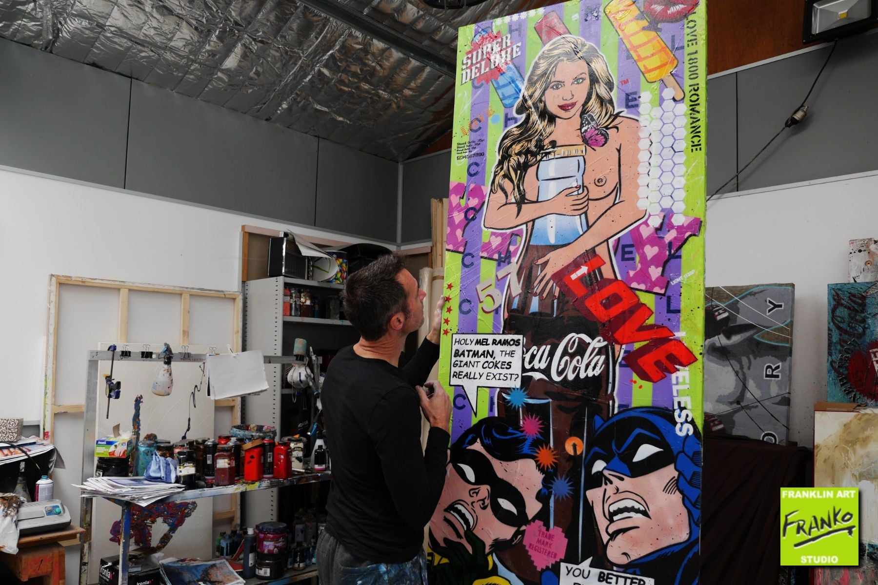Batman & Robin CocaCola Pop Art Painting - 200cm x 80cm Urban Textured Wall Art for Living Room & Bedroom Decor | Simply Glamour Collection