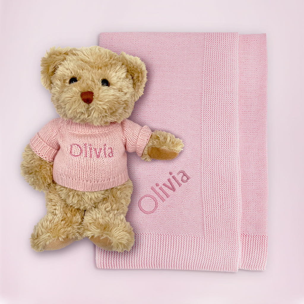 Personalized Pink Bertie Bear Plush Toy with Soft Blanket - Perfect for Baby Showers, Birthdays & Nursery Decor