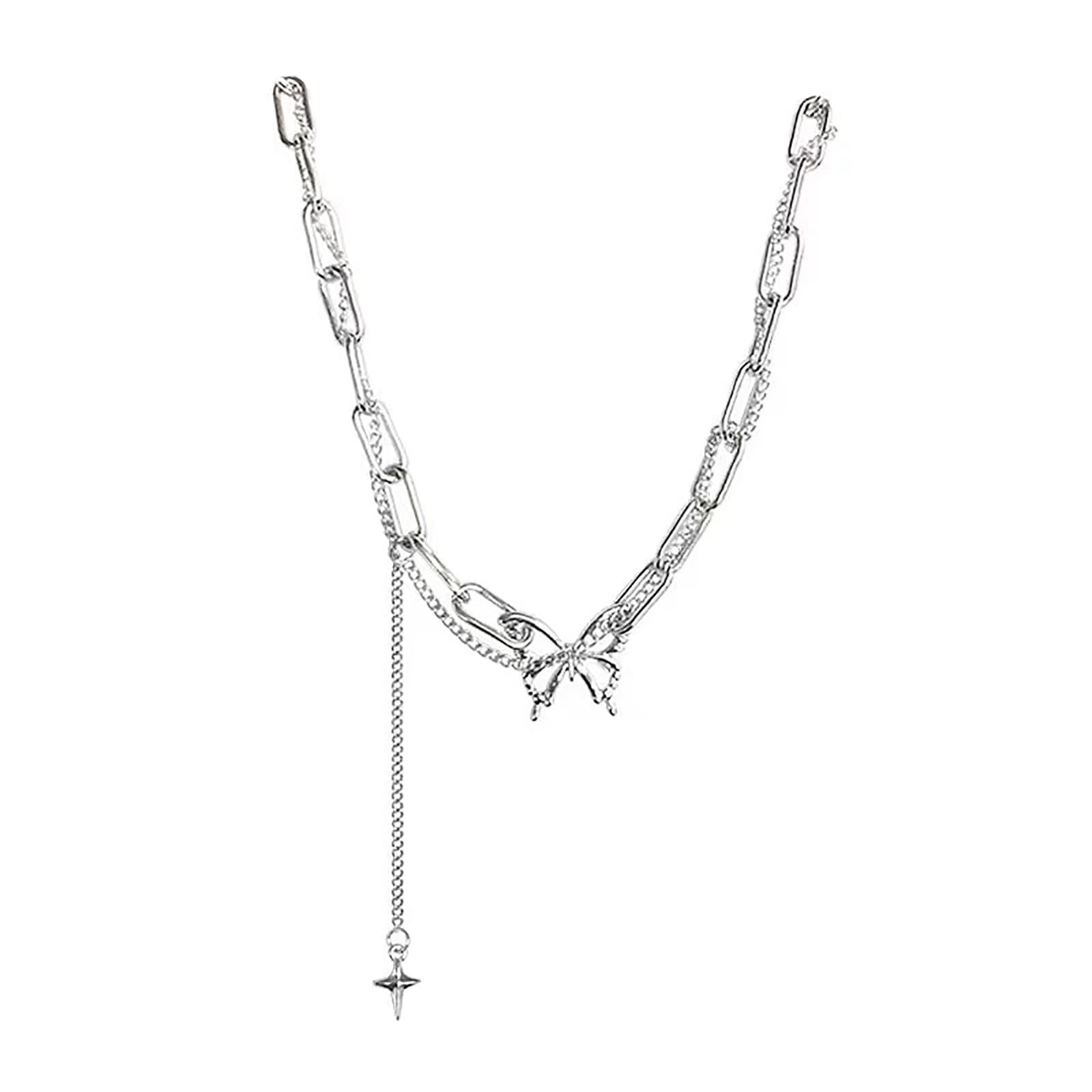 Butterfly Pendant Necklace for Women - Layered Double Chain Dainty Minimalist Jewelry - Silver One Size - Perfect for Everyday Wear, Gifts & Special Occasions
