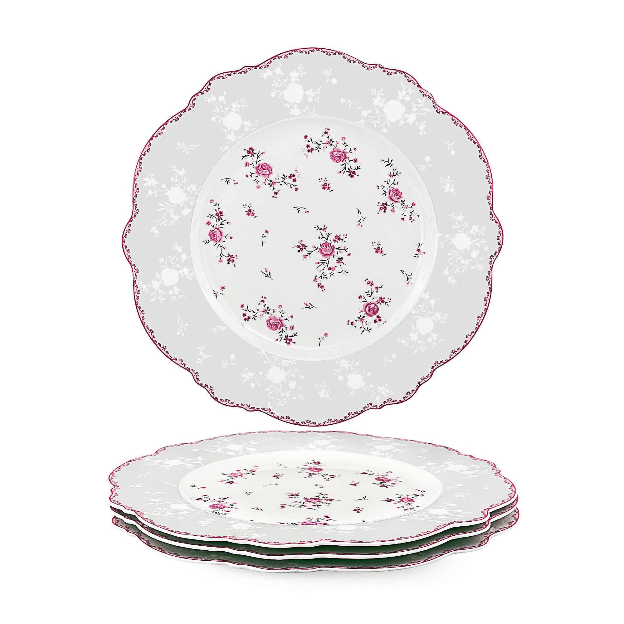 Fanquare 10 Inch Porcelain Dinner Plates Set of 4 - Elegant Lace Design Plates for Salad, Pasta, Soup & Dessert - Romantic Pink Roses Pattern - Perfect for Dinner Parties, Wedding Receptions & Home Decor