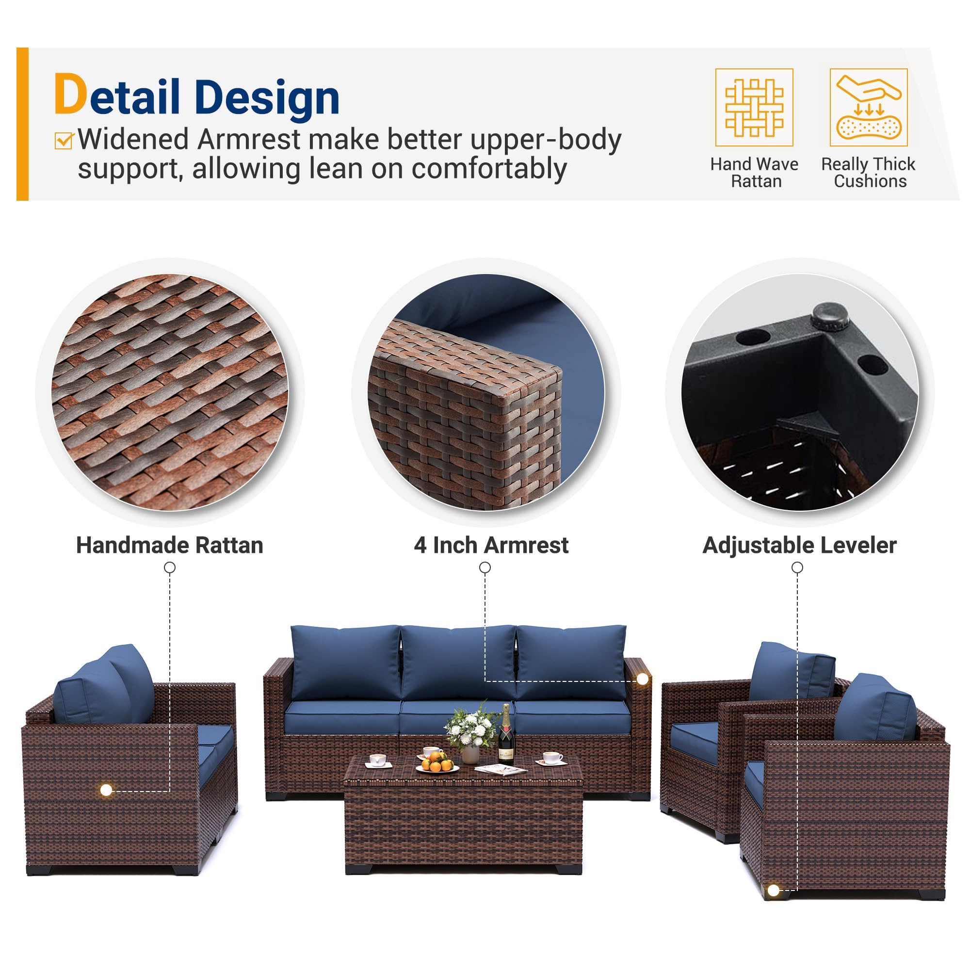 UDPATIO 3-Seat Outdoor Wicker Sofa Set with Steel Frame - Navy Blue Rattan Sectional Couch, Deep Seating High Back Design, Includes Waterproof Cover & Non-Slip Cushions - Perfect for Patio, Garden, Poolside or Backyard Relaxation