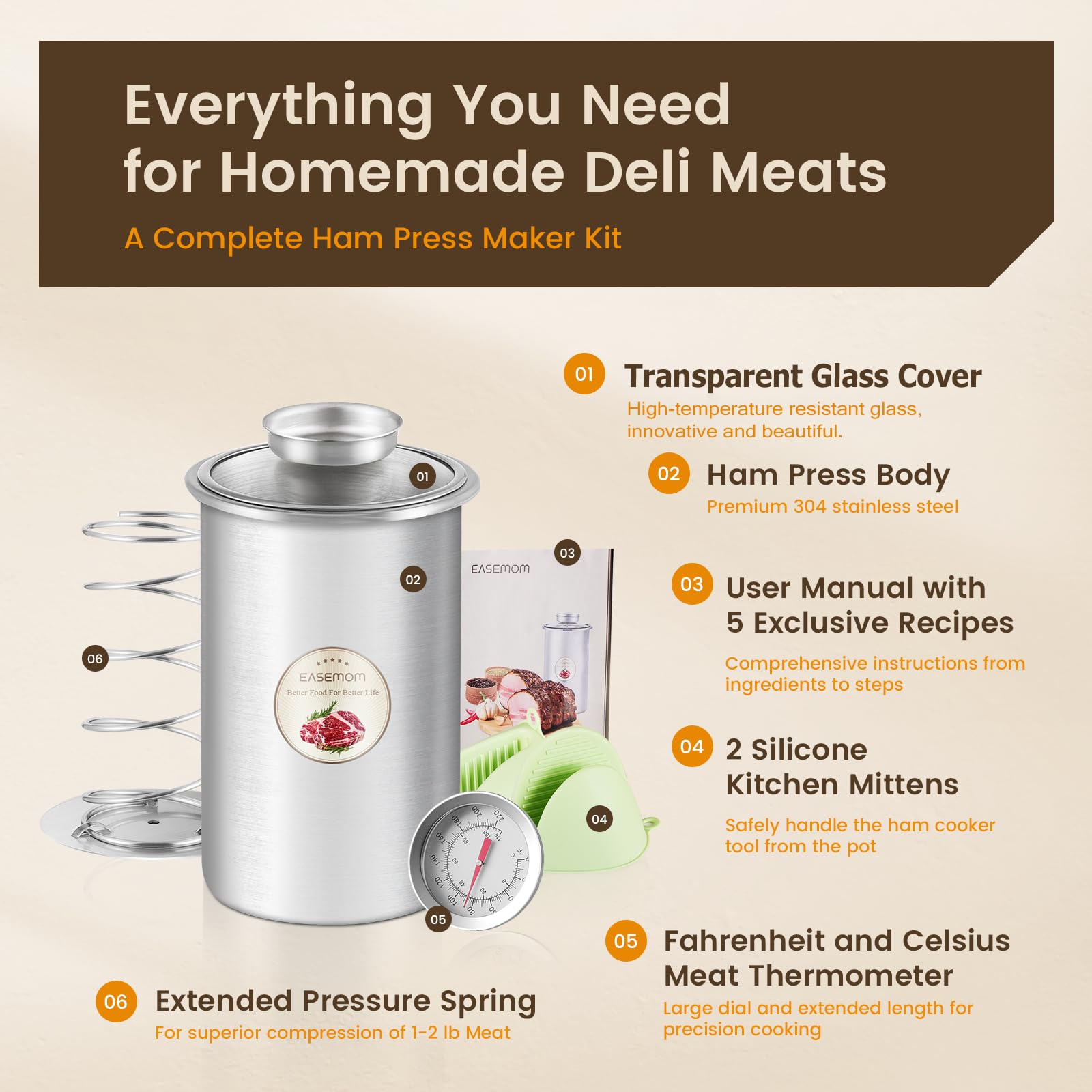 EASEMOM Stainless Steel Ham Maker & Meat Press Mold for Homemade Deli Meats - Includes Cooking Thermometer (℉/℃) & Heat-Resistant Silicone Mittens - Perfect for Sandwiches, Charcuterie Boards & Meal Prep - 5 Included Recipes
