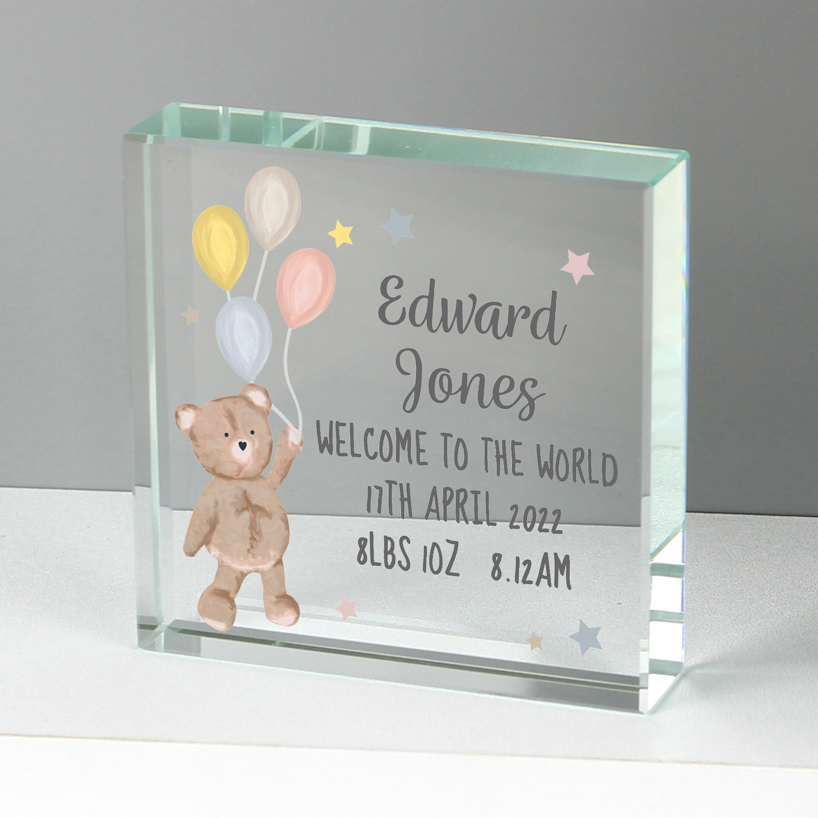 Personalized Teddy Bear with Balloons - Large Crystal Keepsake Gift for Birthdays, Anniversaries & Special Occasions
