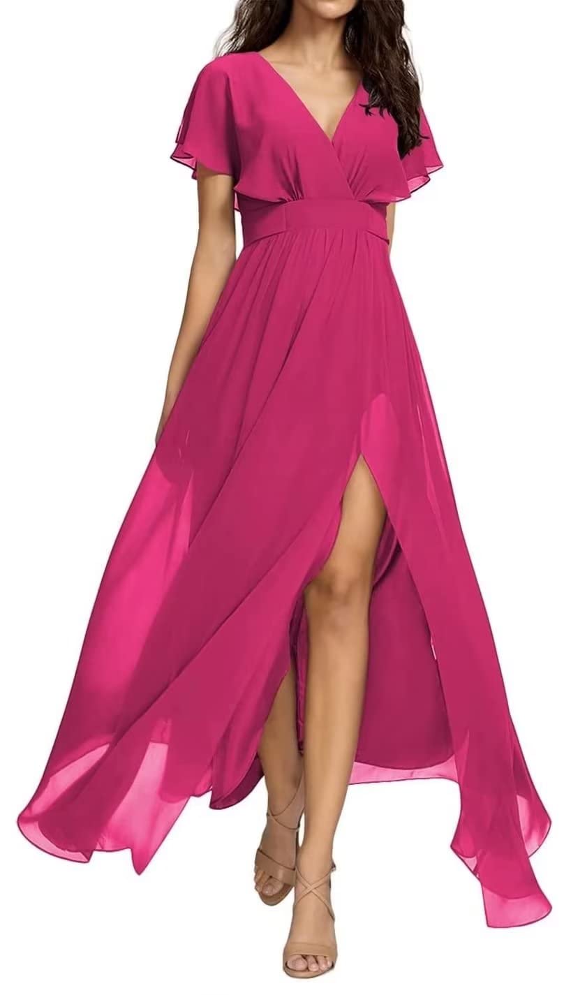 Fuchsia Long Bridesmaid Dresses for Women 2023 - Ruffle Sleeves, V-Neck A-Line Formal Gown with Side Slit - Plus Size 22 - Perfect for Weddings, Evening Parties & Special Occasions