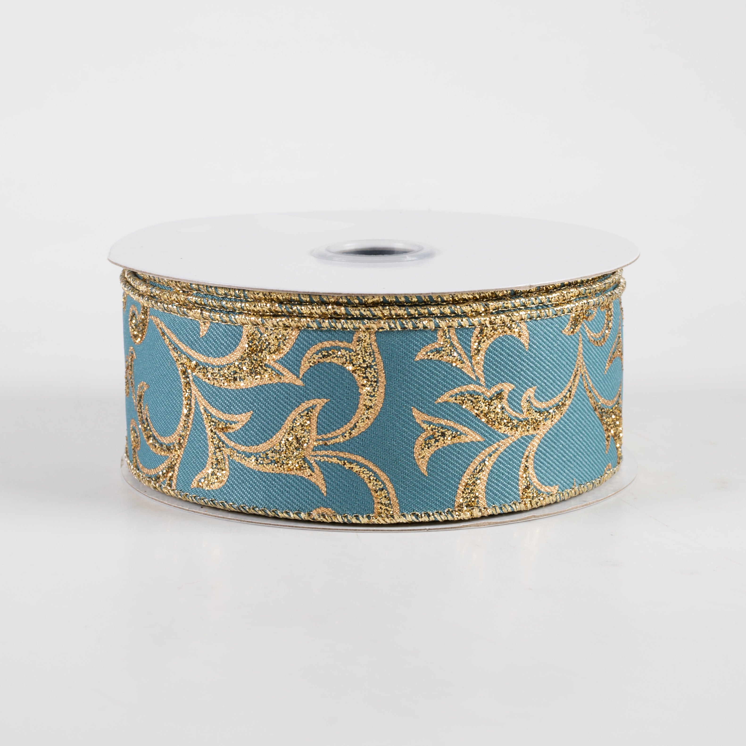 1.5 Inch Acanthus Leaf Ribbon - Smoke Blue & Gold Trim (10 Yards) for Gift Wrapping, Wedding Decor, DIY Crafts and Home Decoration
