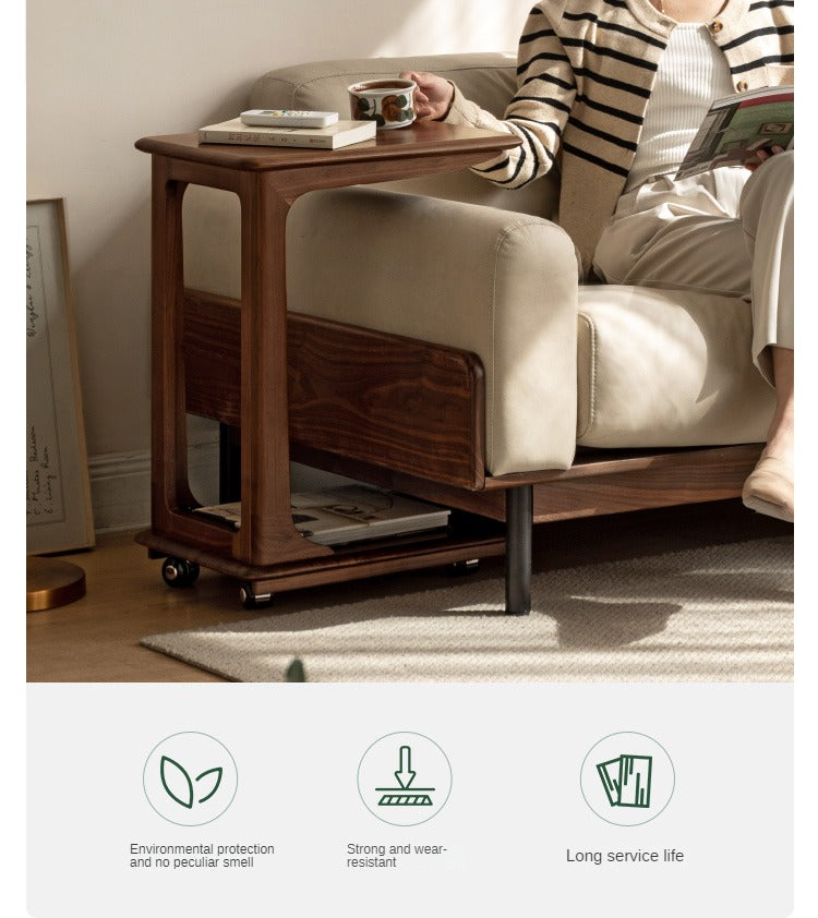 Premium Black Walnut Solid Wood Mobile Side Table - Rolling End Table with Wheels for Living Room, Bedroom, or Office - Natural Wood Nightstand with Storage Shelf