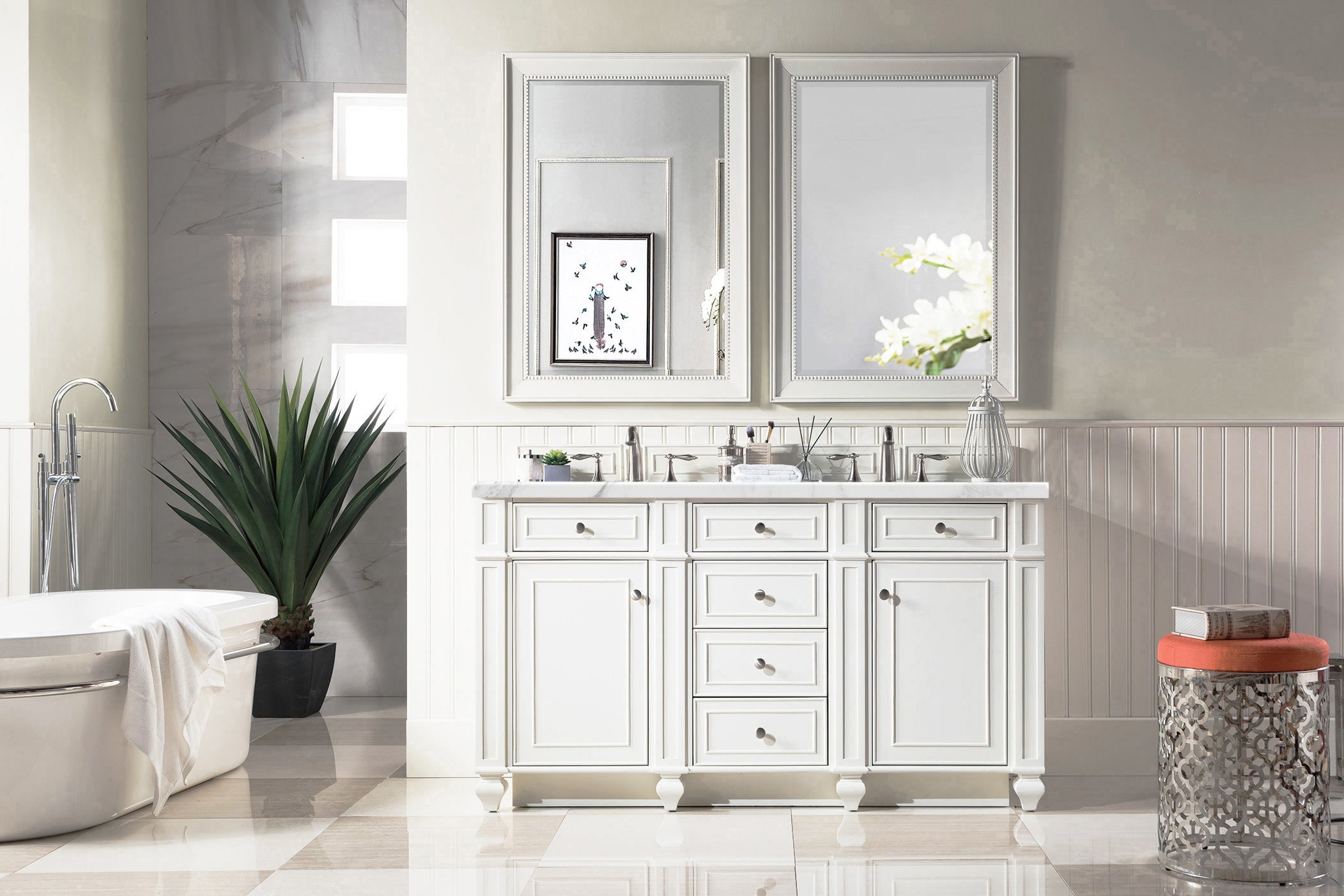 Bristol 60 Inch Double Bathroom Vanity Set with Carrara Marble Top - Bright White Finish for Modern Master Bathroom & Guest Bath Remodel