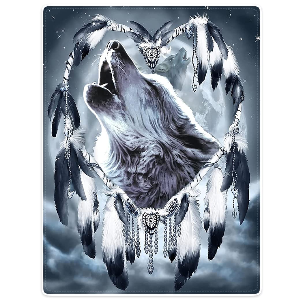 SXCHEN 60x80 Inch Soft Plush Blanket - Cozy Fleece Throw for Sofa, Bed, Couch - Wolf Soul Heart Design with Dream Catcher - Perfect for Home, Office, Travel & Gifts