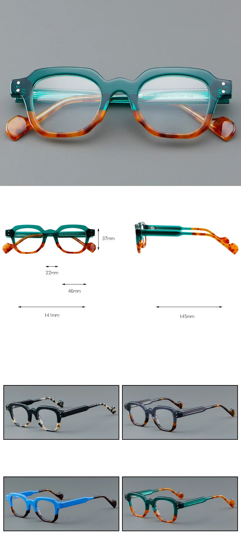 CCspace Unisex Full Rim Square Acetate Eyeglasses 57287 - Lightweight & Durable Frame for Men & Women - Perfect for Reading, Working & Fashion Accessories
