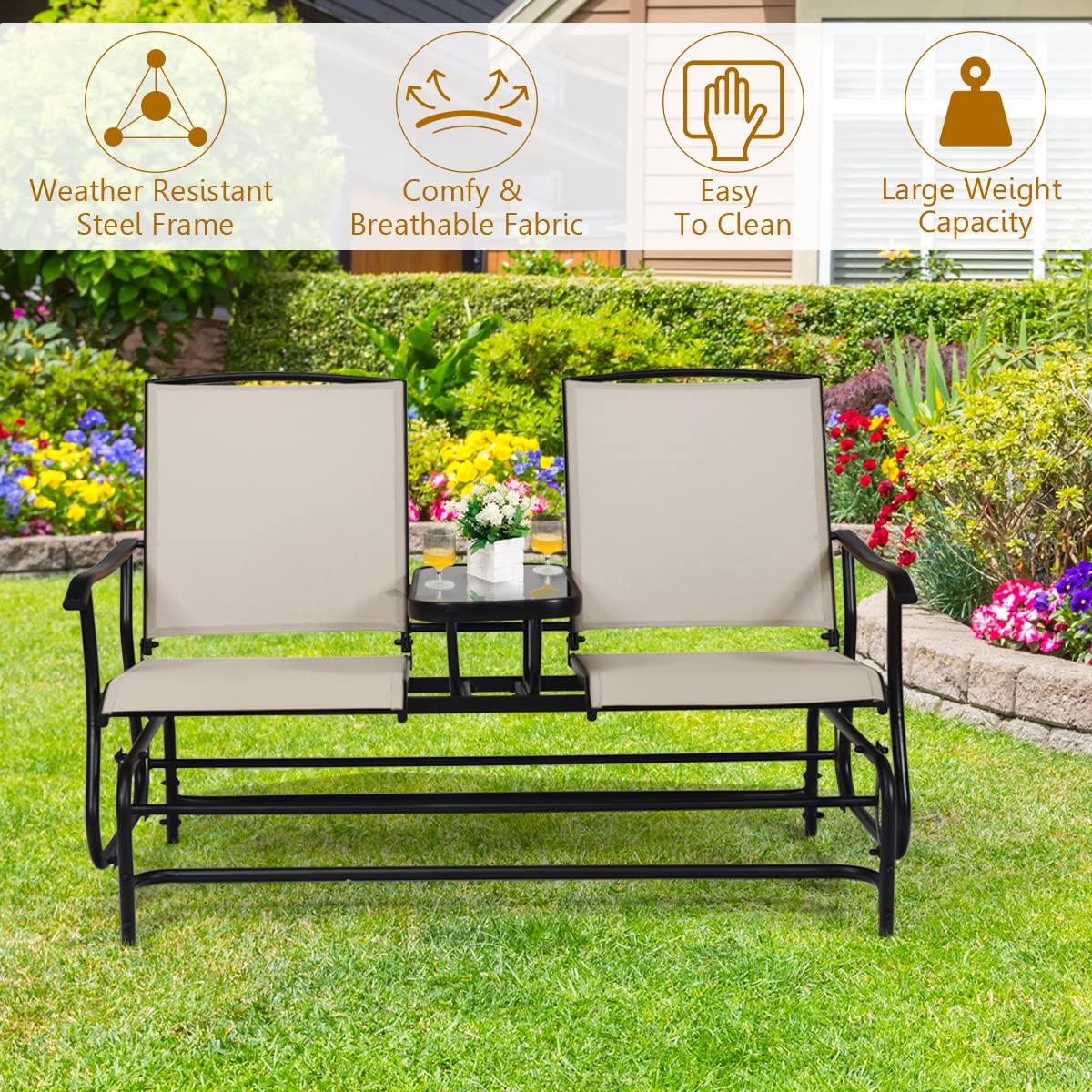 2-Person Outdoor Glider Bench with Tempered Glass Table - Patio Swing Chair for Porch, Garden, Poolside & Balcony - Breathable Loveseat for Relaxing in Backyard, Lawn or Deck (Beige)