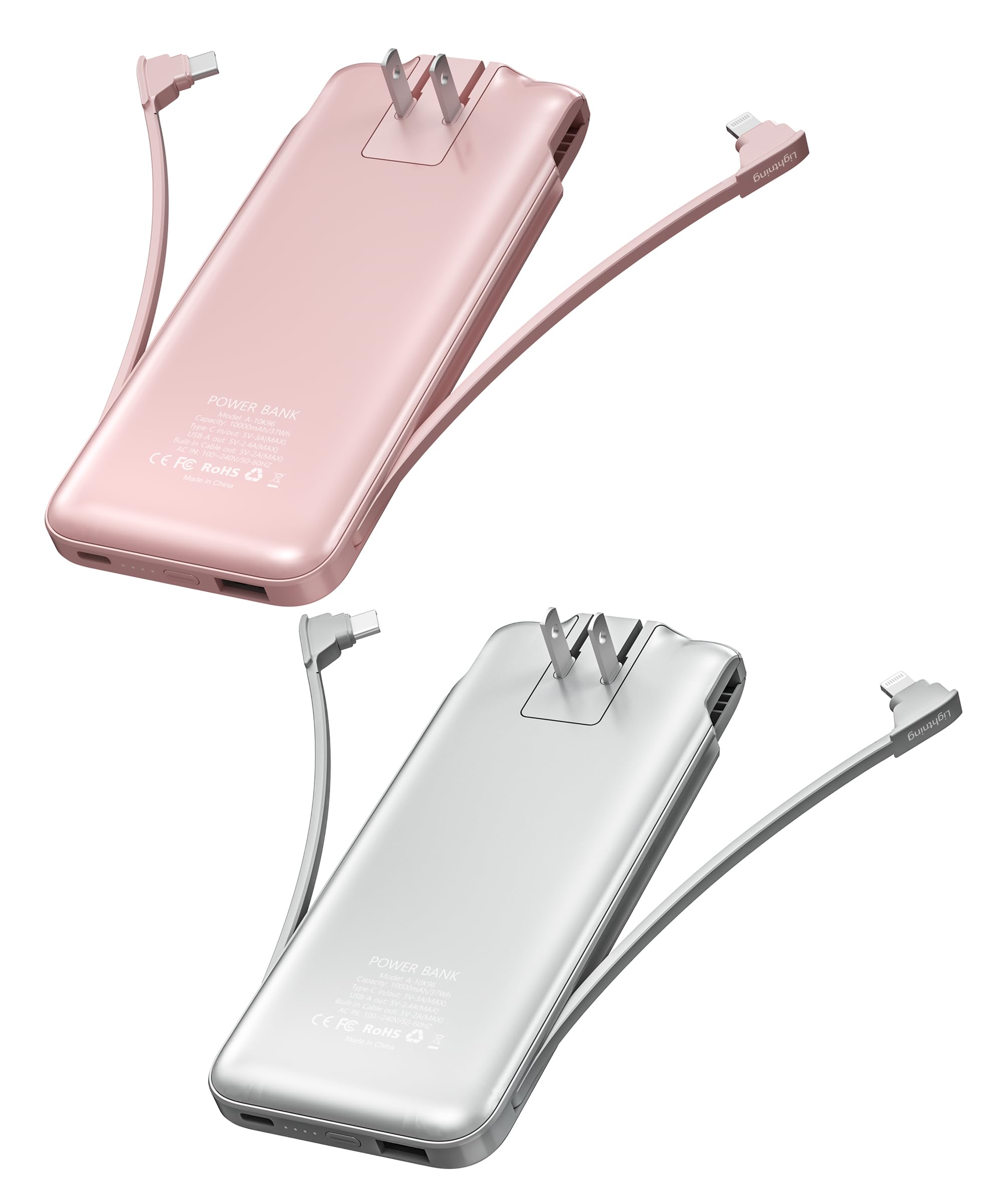 Metecsmart 2-Pack 10000mAh Portable Charger with Built-in Cable & AC Plug - Fast Charging Power Bank for iPhone & Android - Slim USB-C Battery Pack for Travel, Camping & Emergency Power Backup