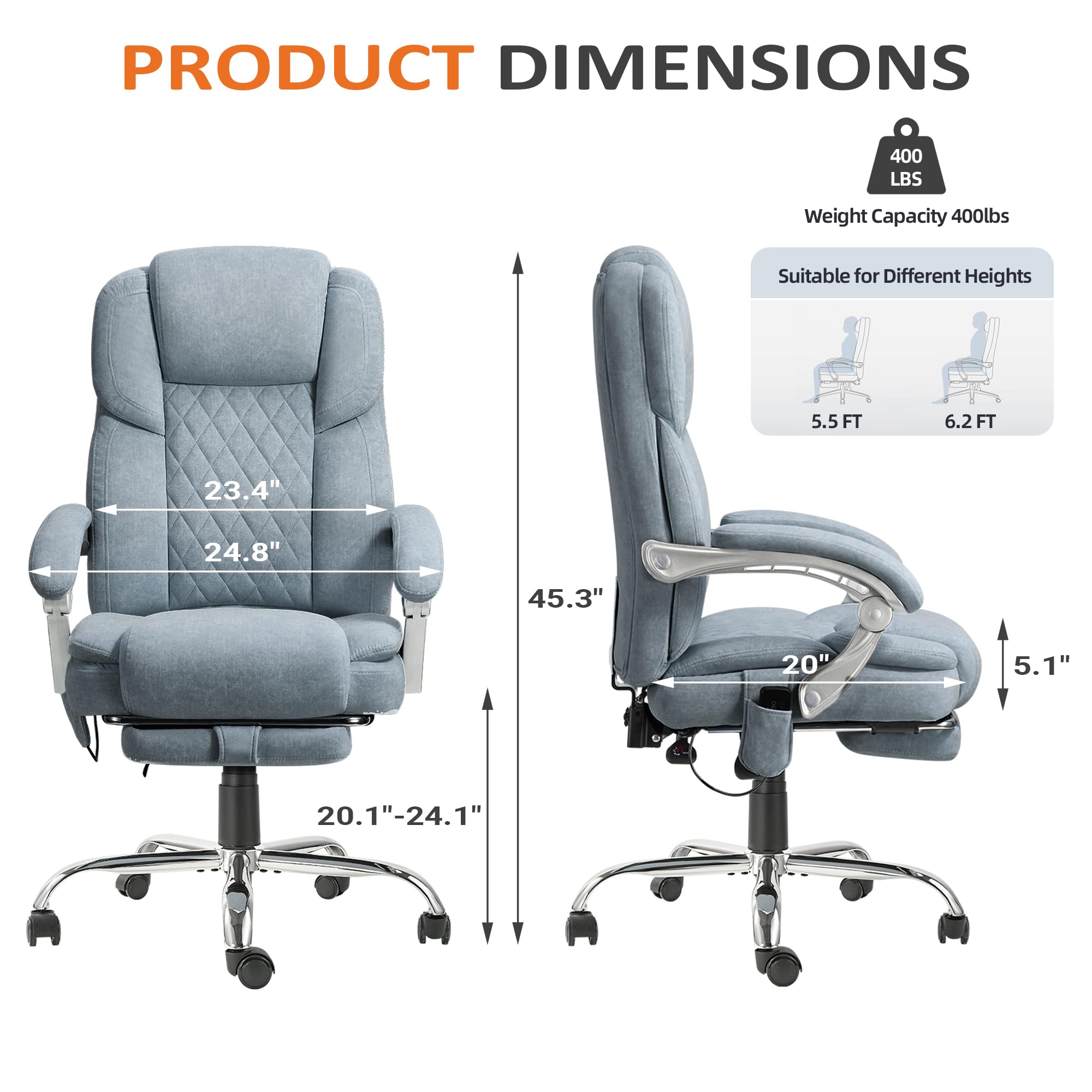 HOMREST 4-Point Massage Office Chair with Footrest - Heated Ergonomic Executive Desk Chair, Reclining Backrest & Padded Armrests - Velvet Computer Chair in Airy Blue - Perfect for Home Office, Gaming & Workspaces