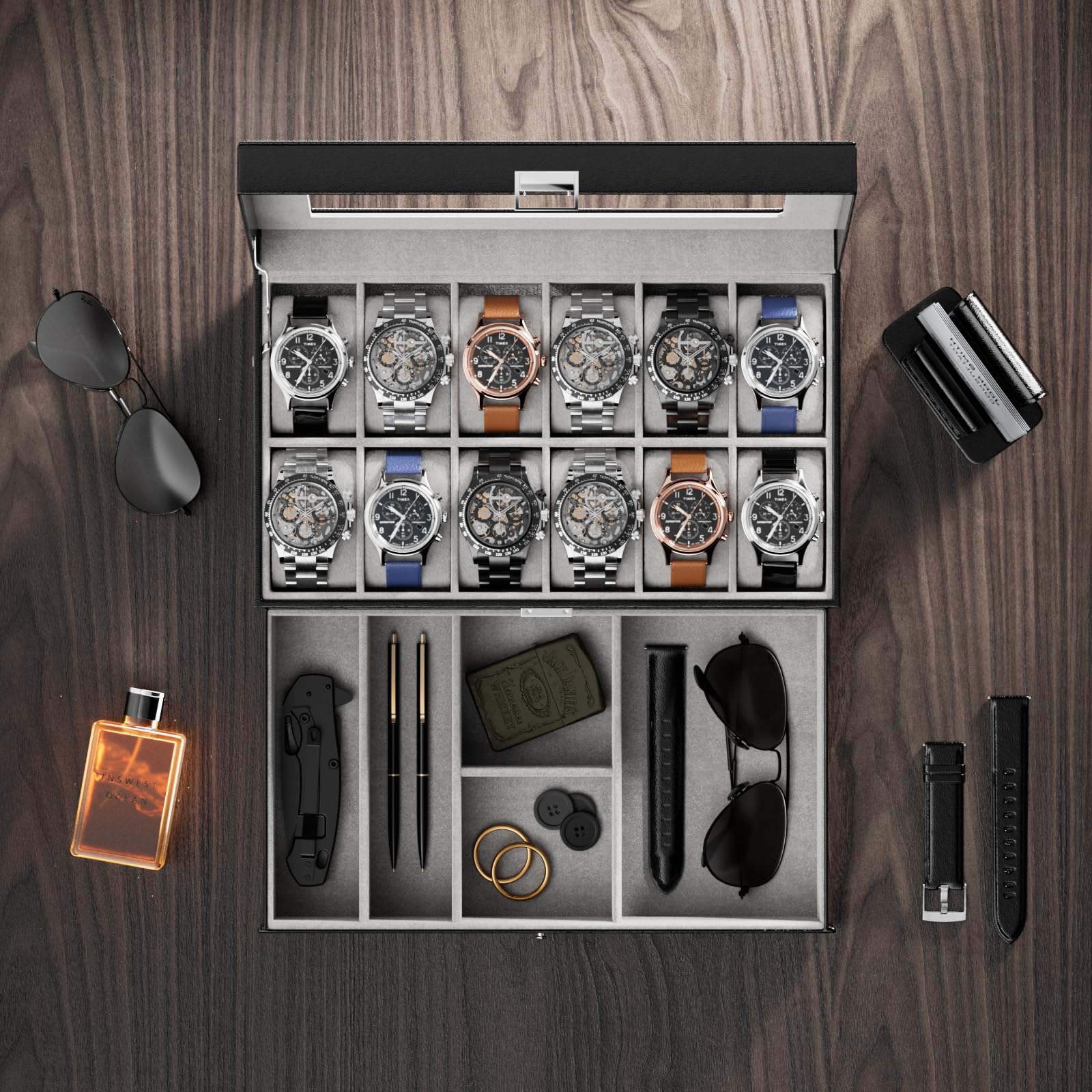 ProCase 12-Slot Watch Box for Men & Women - 2-Layer Watch Organizer with Glass Lid & Drawer - Premium Watch Display Case for Jewelry & Watch Storage - Perfect for Travel, Home Display & Gift Giving