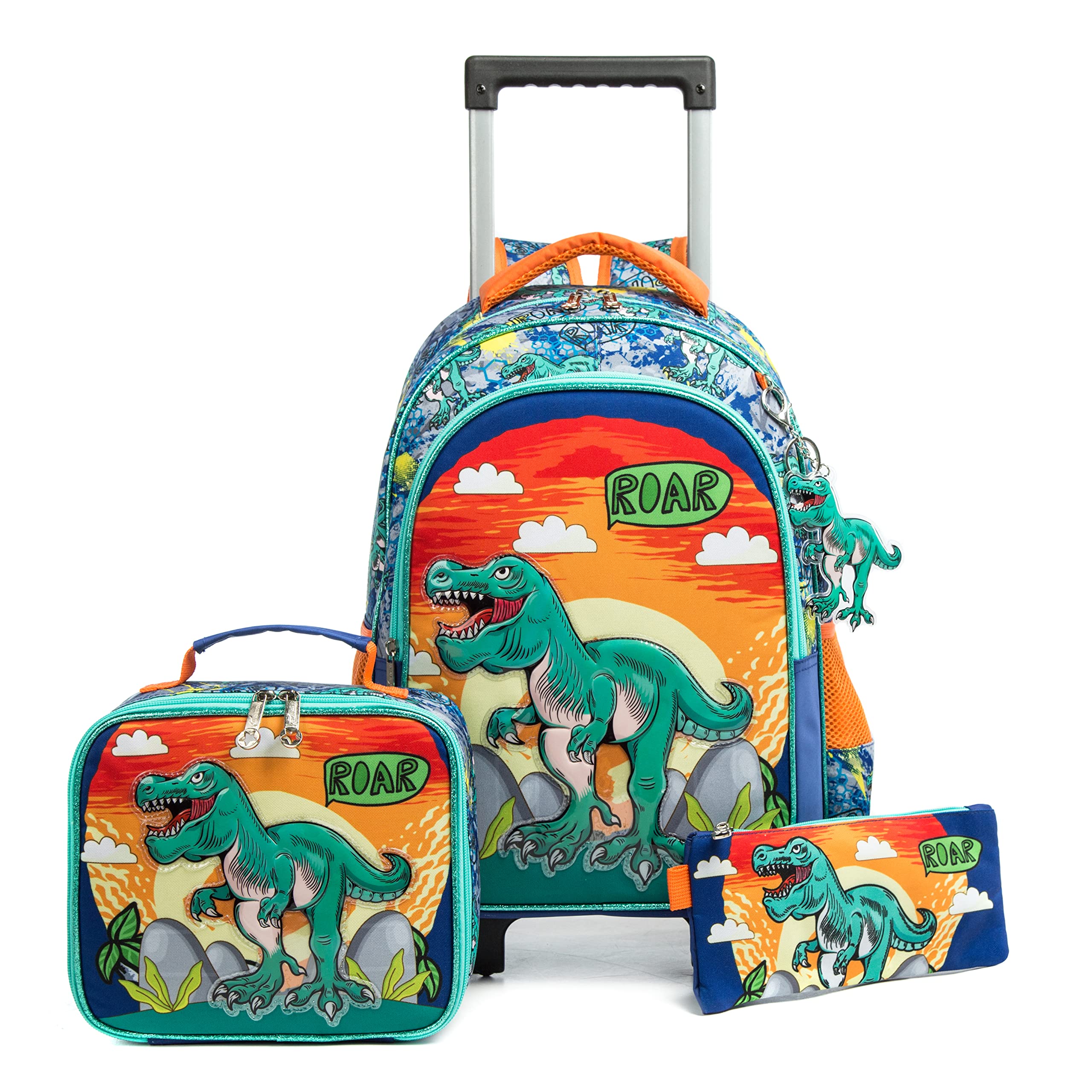 Durable Rolling Backpack with Wheels for Kids - School Backpack with Lunch Box & Pencil Case for Boys & Girls - Cool Dinosaur Design for Elementary & Preschool Students - Perfect for School, Travel & Daily Use