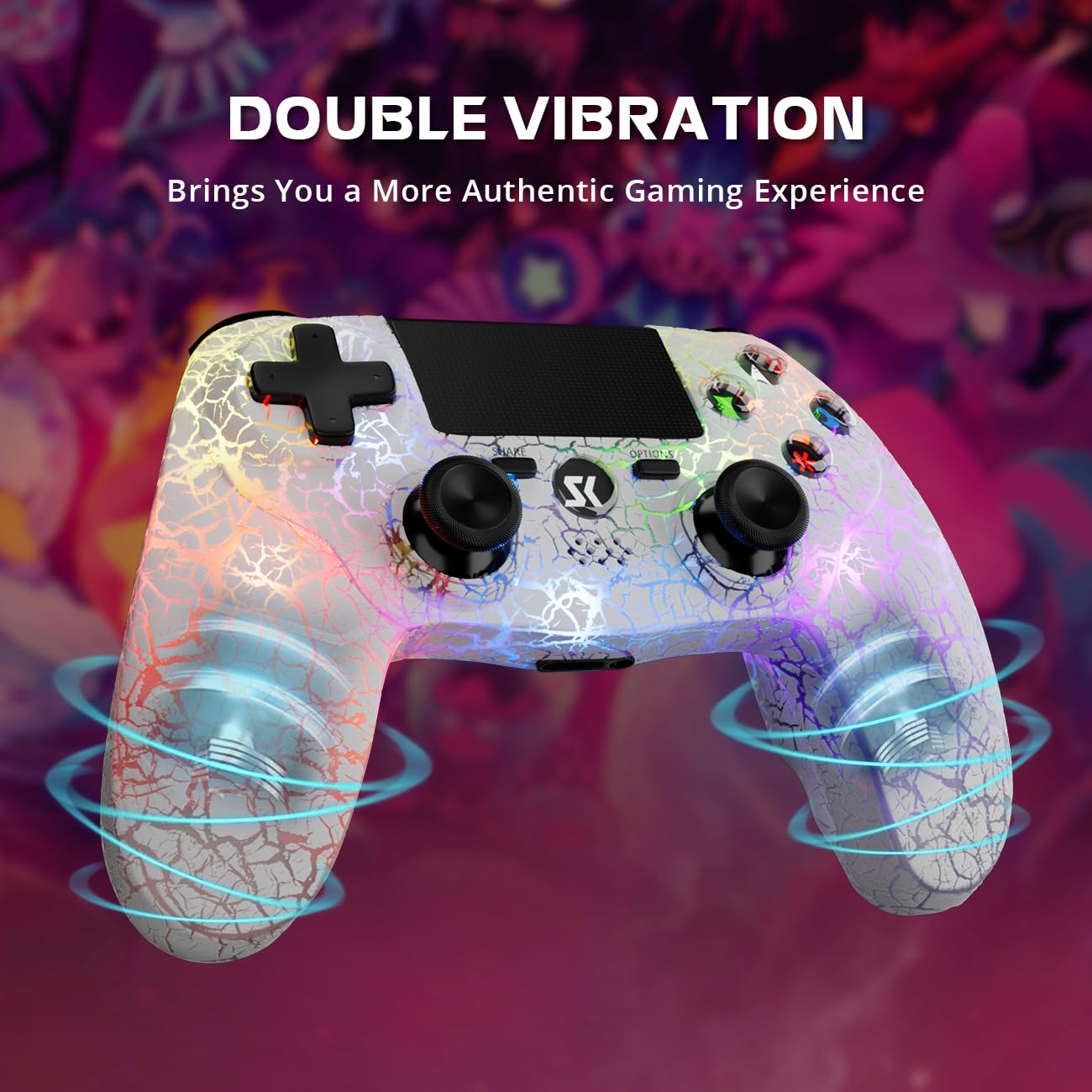 Wireless PS4 Controller with LED Backlit, 1000mAh Rechargeable Battery, Dual Shock & 6-Axis Motion Sensor, Built-in Speaker & 3.5mm Jack - Adjustable RGB Lighting (White) - Perfect for Gaming, Streaming & Late-Night Play Sessions