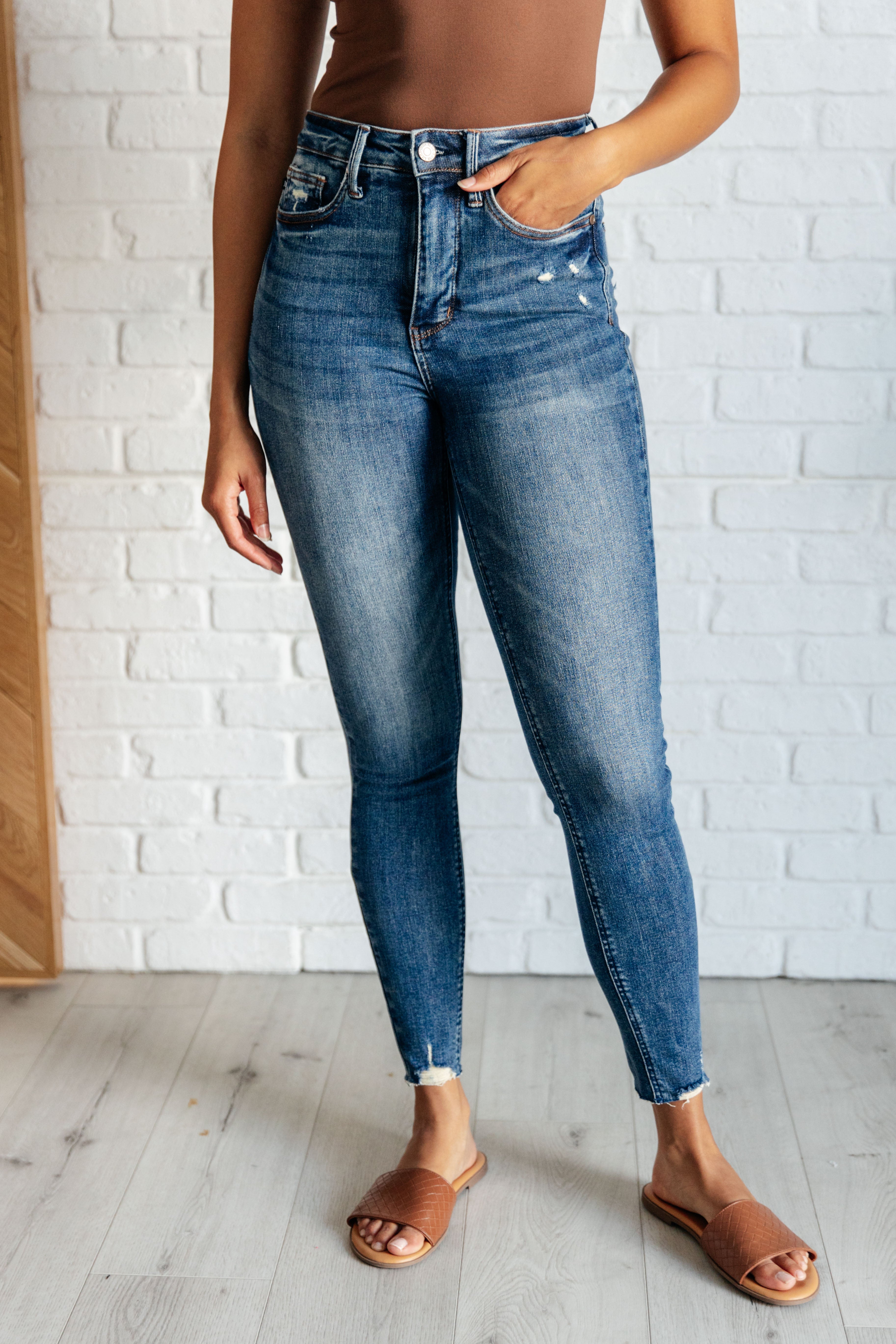 Alba High Rise Control Top Distressed Hem Skinny Jeans for Women - Slimming Stretch Denim Pants with Vintage Wash (Perfect for Casual Outings, Date Nights & Street Style Fashion)