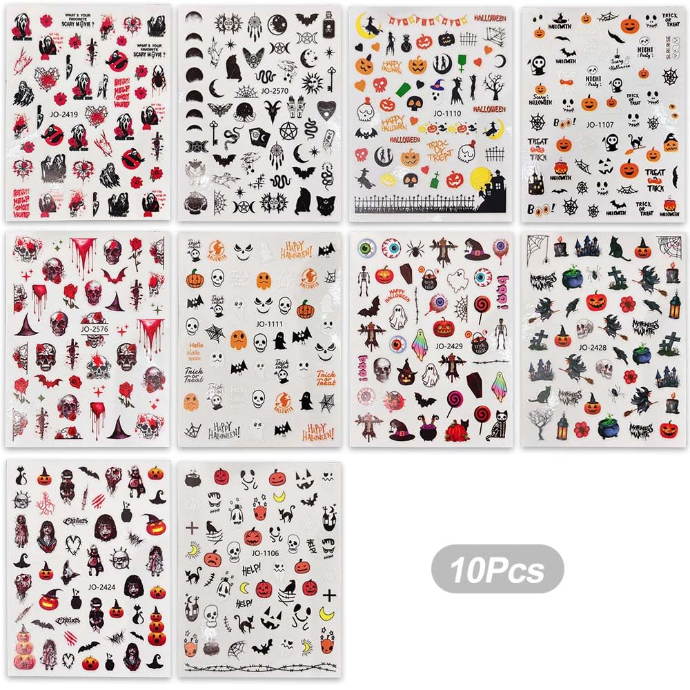 10 Sheets Halloween Nail Stickers - Ghost Pumpkin Skull Eyeball Black Cat 3D Self-Adhesive Nail Art Decals for Nail Supplies & Design | Perfect for Halloween Parties, Costume Nails & Spooky Nail Art
