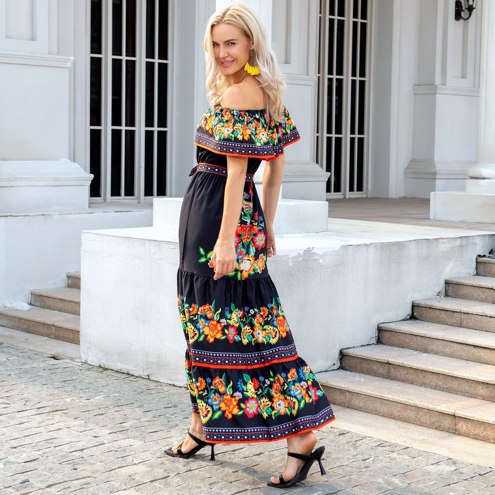 Xplanet Women's Mexican Off Shoulder Floral Print Maxi Dress - Summer Casual Party Sundress for Beach Vacation, Date Night & Outdoor Events